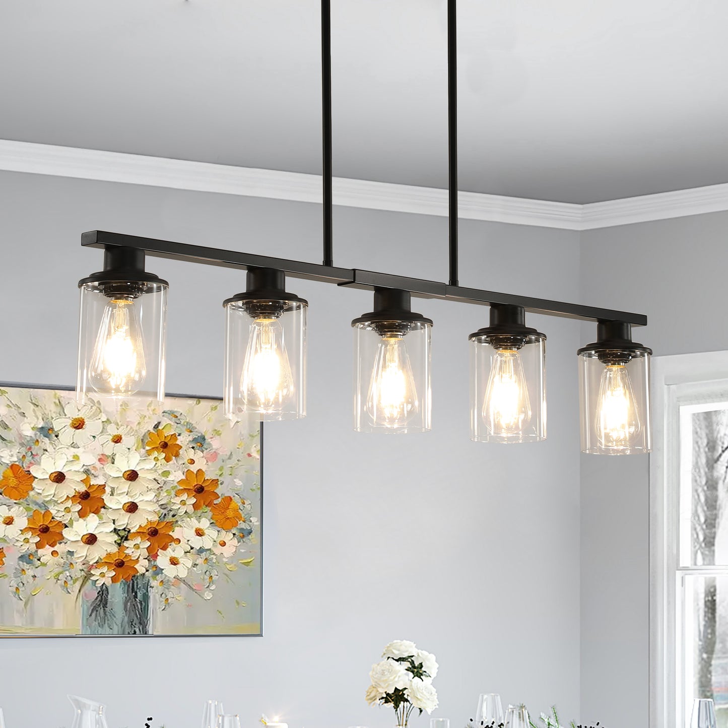 Modern Industrial 5-Light Chandelier - Matte Black & Glass Shades
