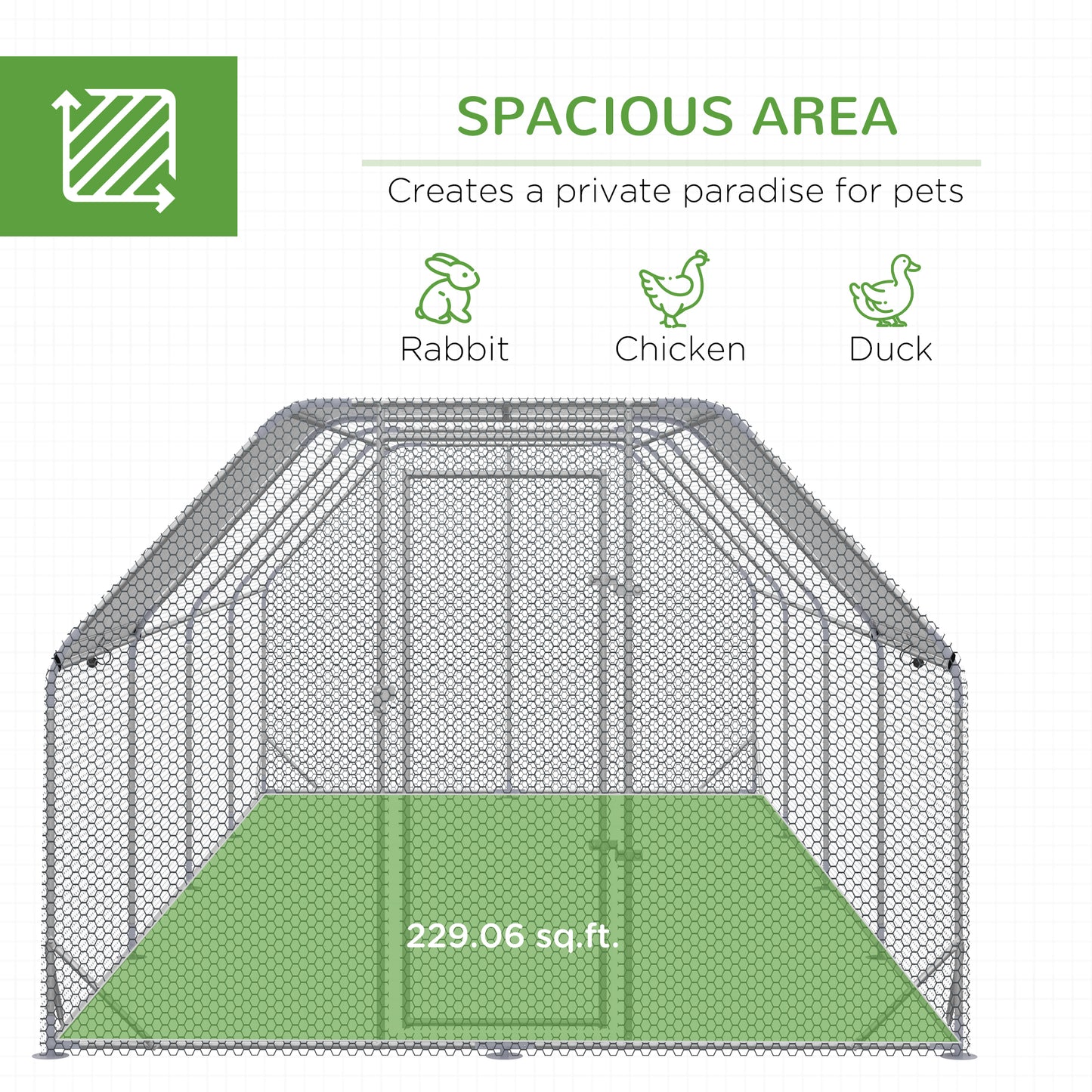 Large Metal Chicken Coop with Waterproof Cover - Walk-In Yard Fence, 1950x330x160mm