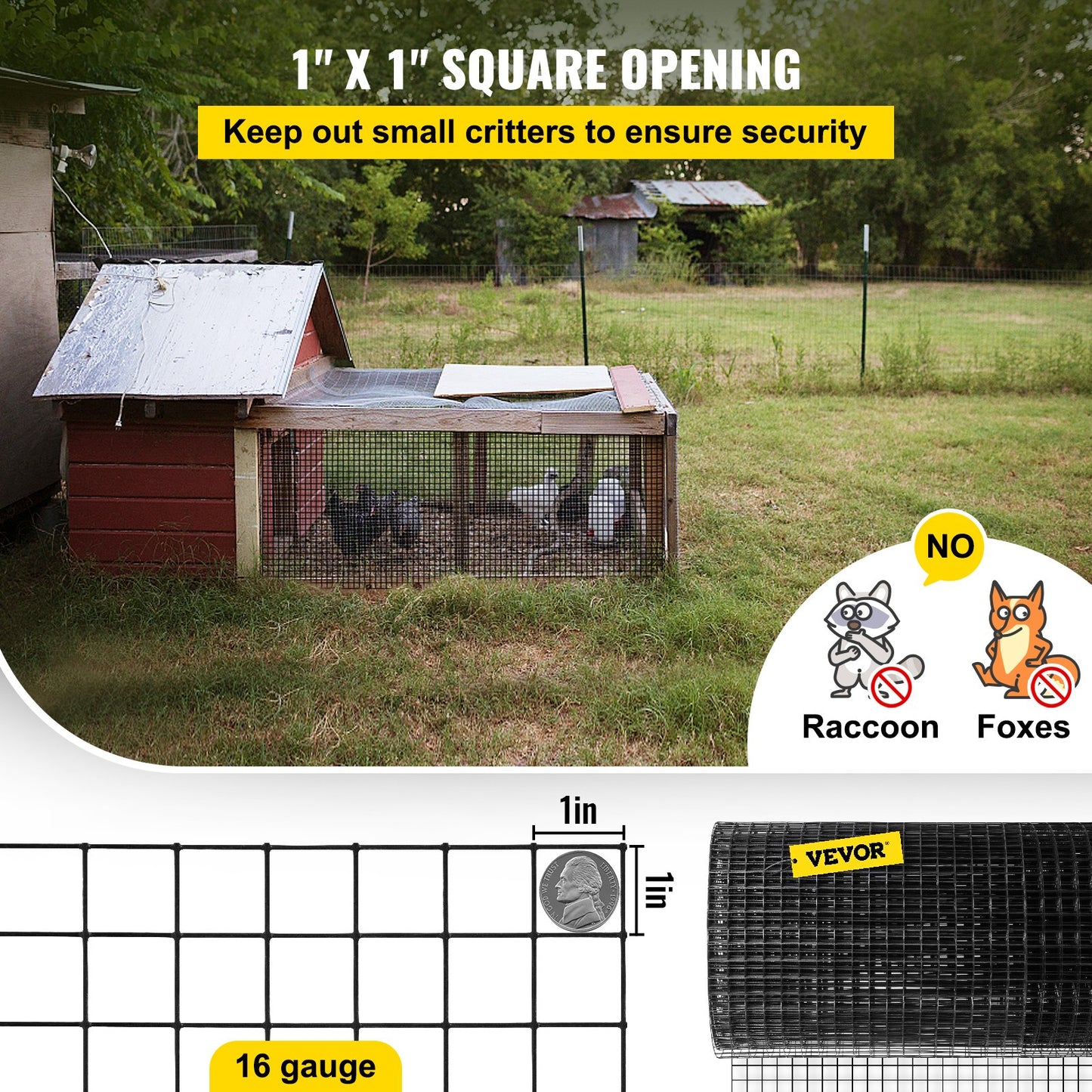Galvanized Steel Hardware Cloth 48x50FT Mesh Fencing, Black Vinyl Coated, 16 Gauge with Gloves & Cutting Pliers