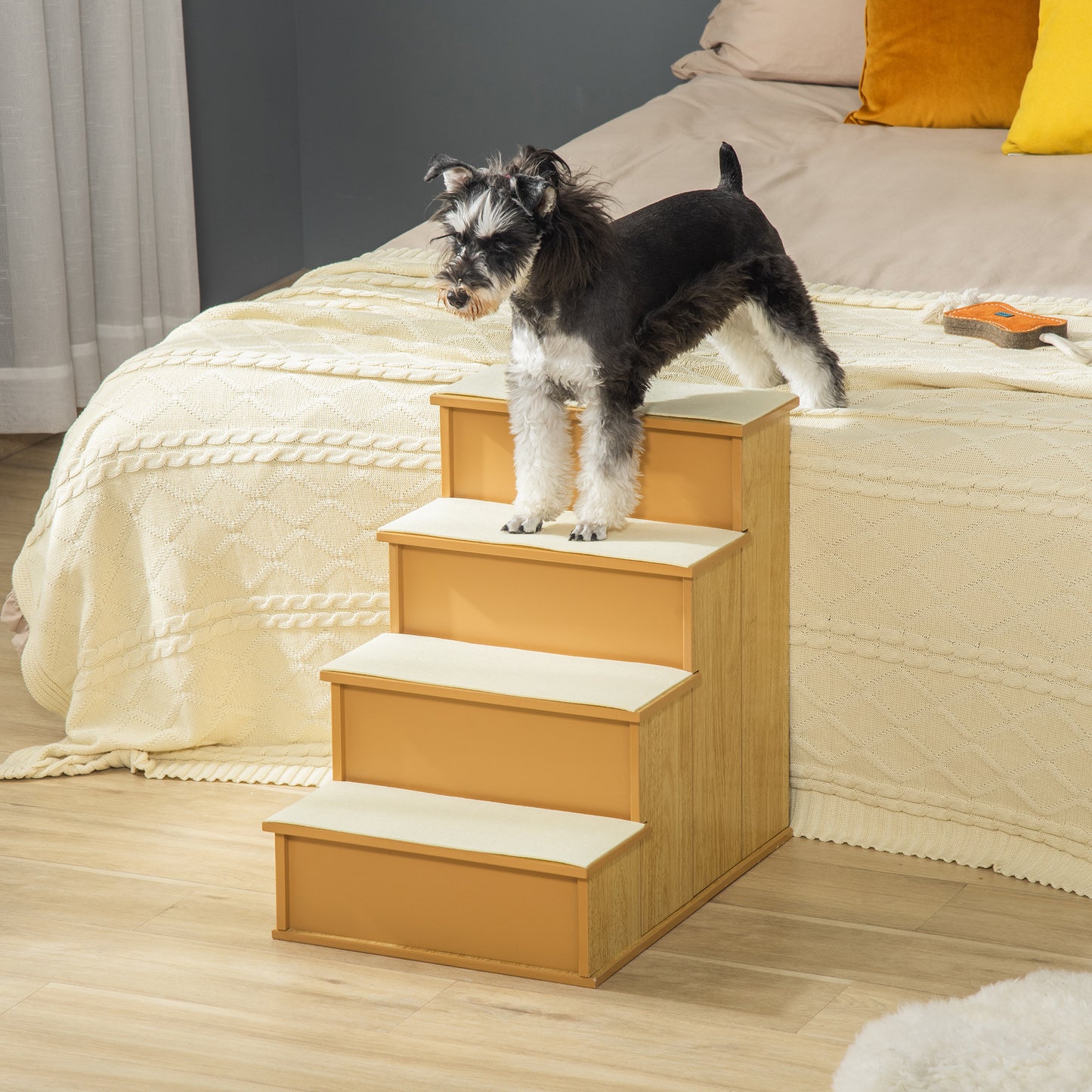 Small Pet Stairs with Cushioned Cover for Dogs & Cats Up to 22 lbs - Natural Wood