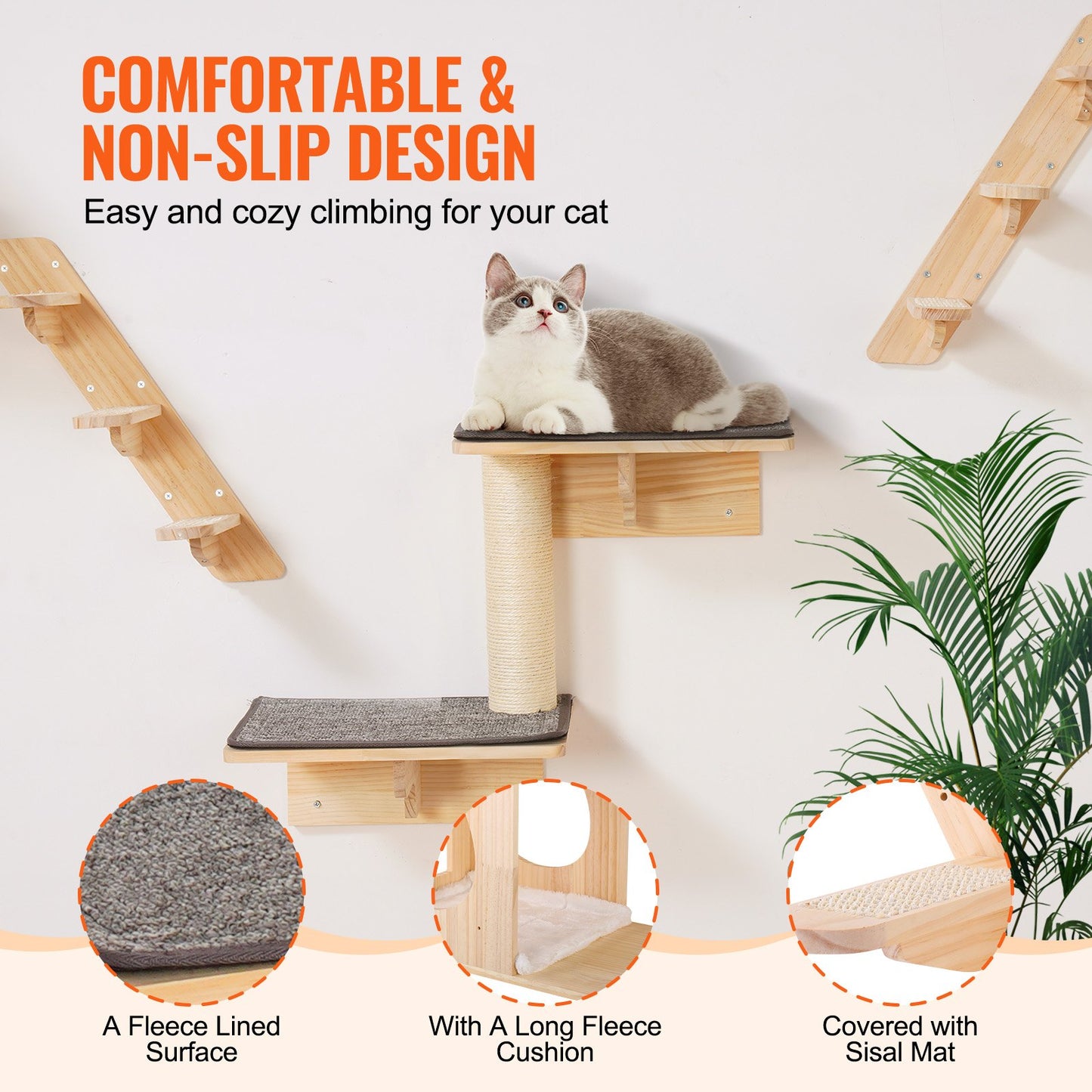 Wall Mounted Cat Shelves Tree Set with Jumping Boards Nests & Hammock - Natural