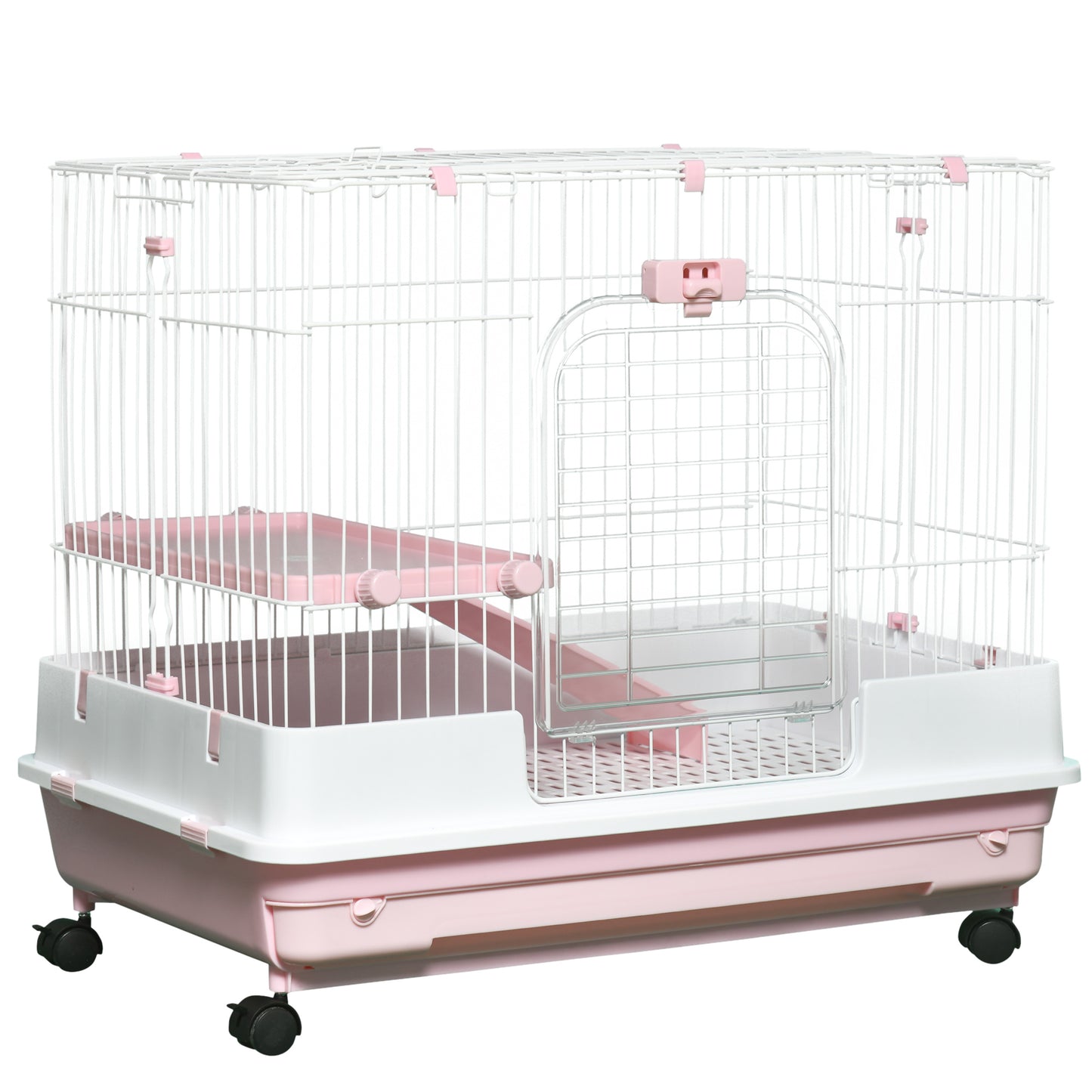 Small Animal Cage with Wheels, Removable Tray & Ramp for Rabbits, Ferrets, Chinchillas - Pink, 864x602x275mm