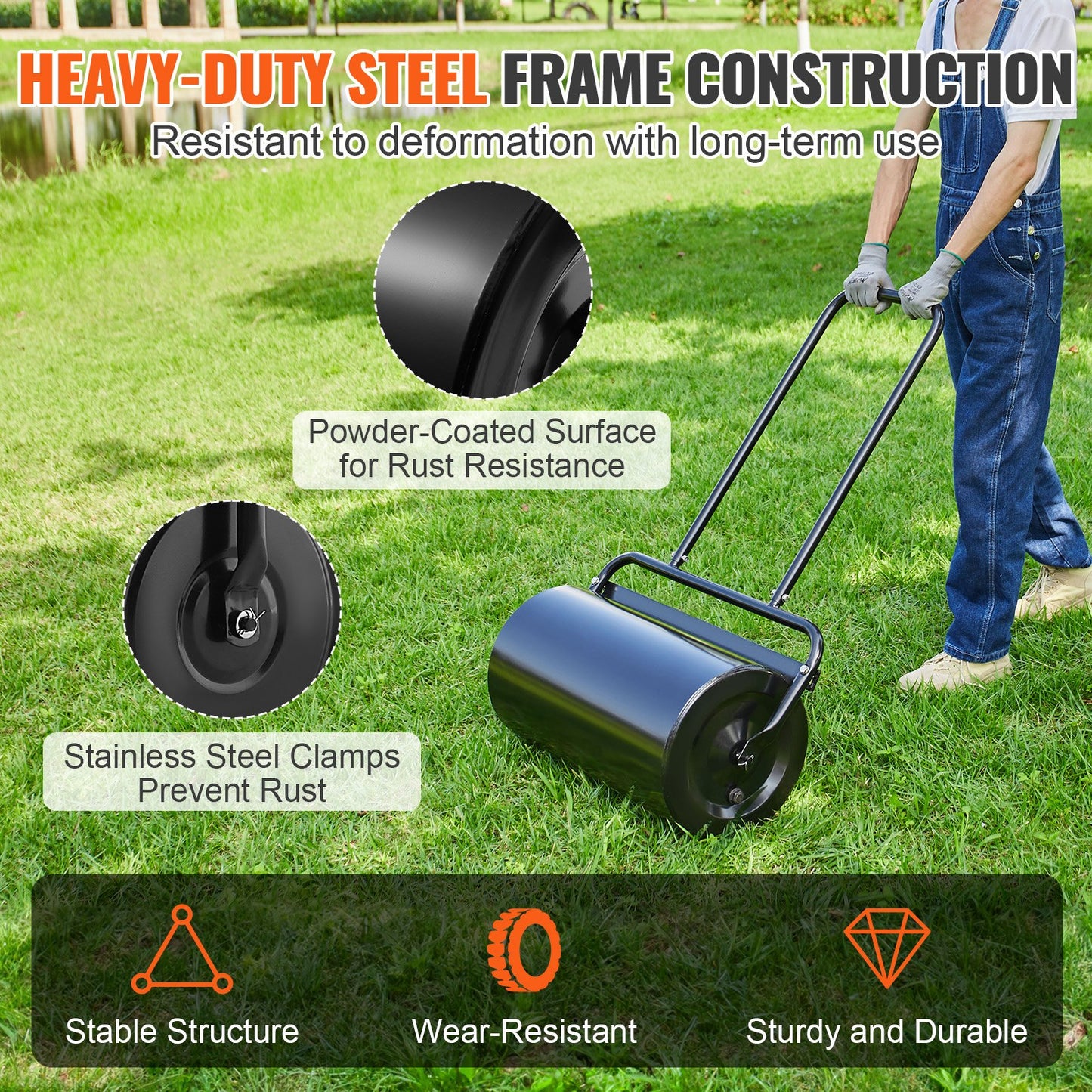 Garden Lawn Roller 13 Gallon Steel Sand Water Filled Push & Pull Yard Tool Black