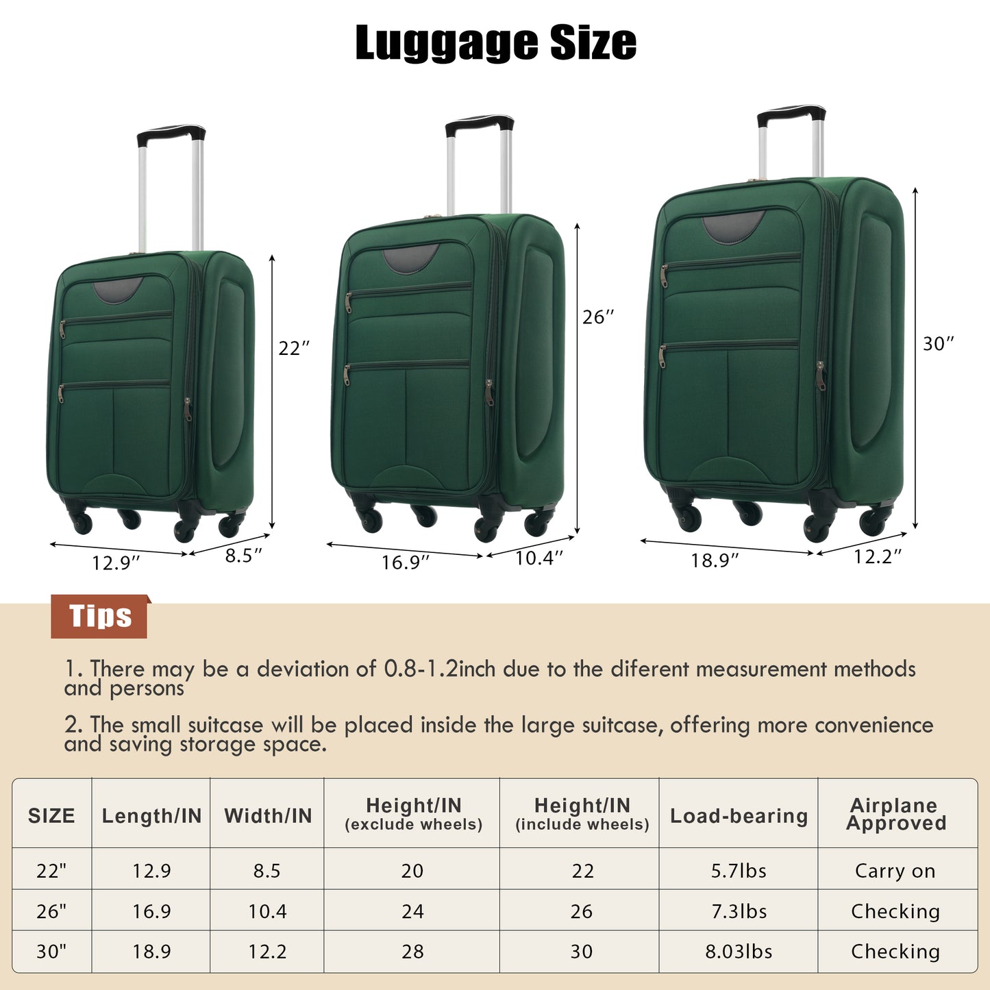 Expandable Softside Luggage Set - 3 Piece Spinner Set, Dark Green