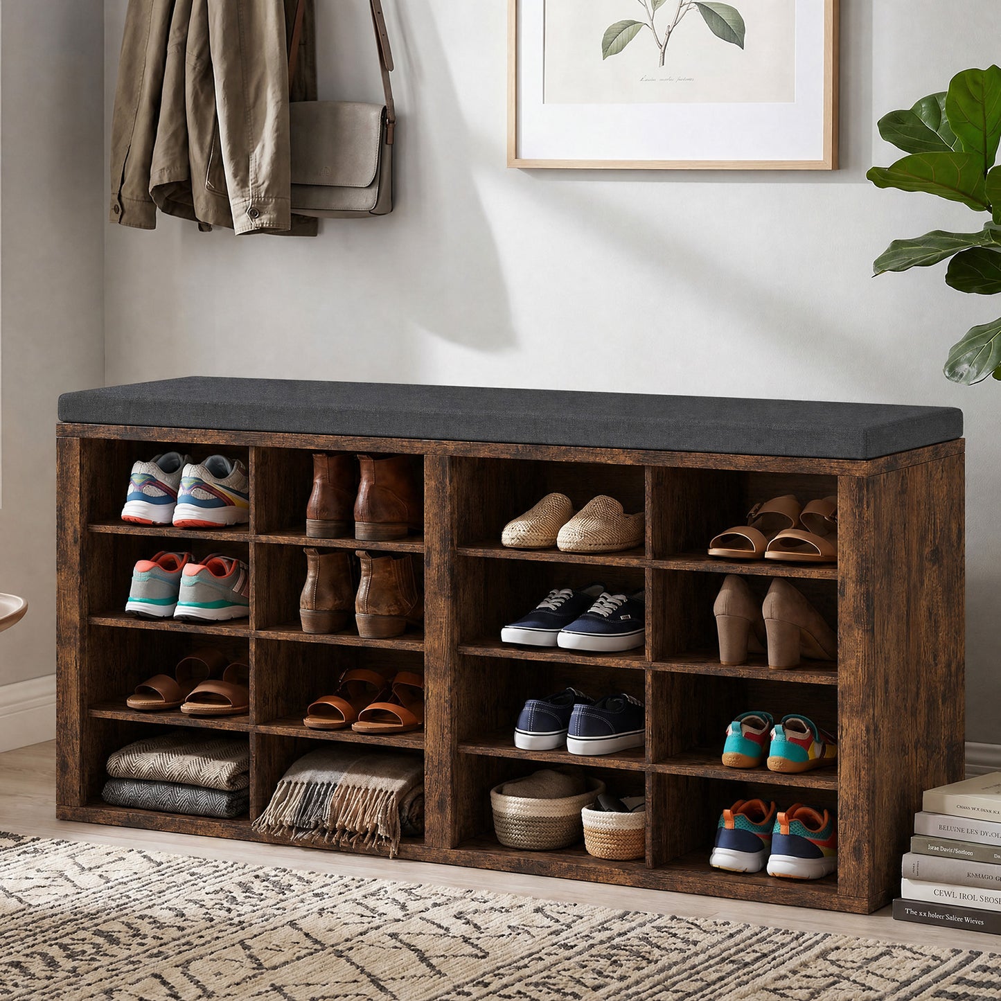 Shoe Storage Bench With Cushion 16 Cubby Rack Multifunctional