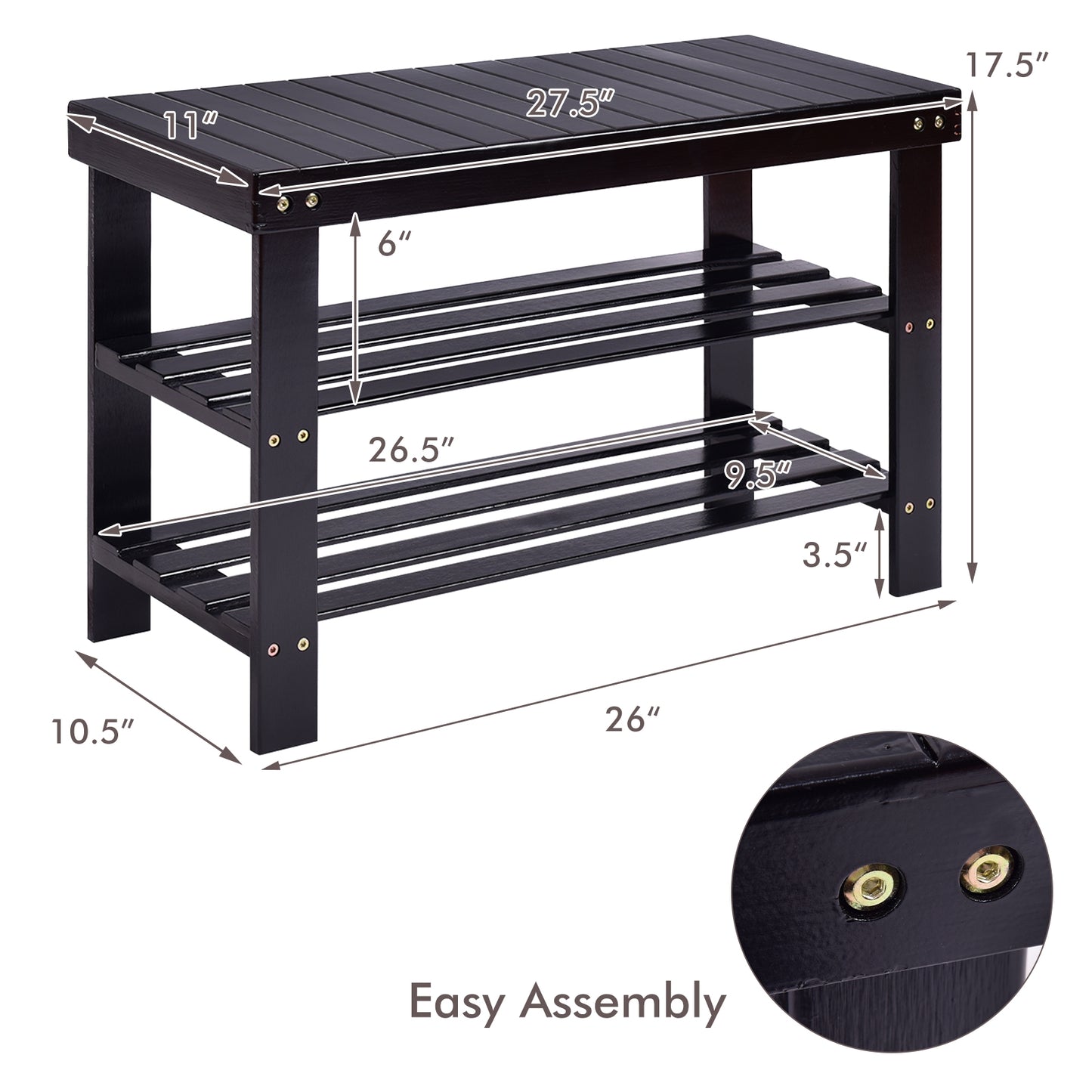3-Tier Bamboo Shoe Storage Bench - Black