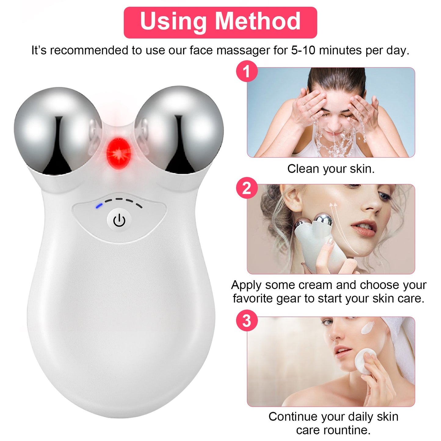 Microcurrent Facial Massager with Red Light Therapy - 5-Gear Skin Lifting - Pink