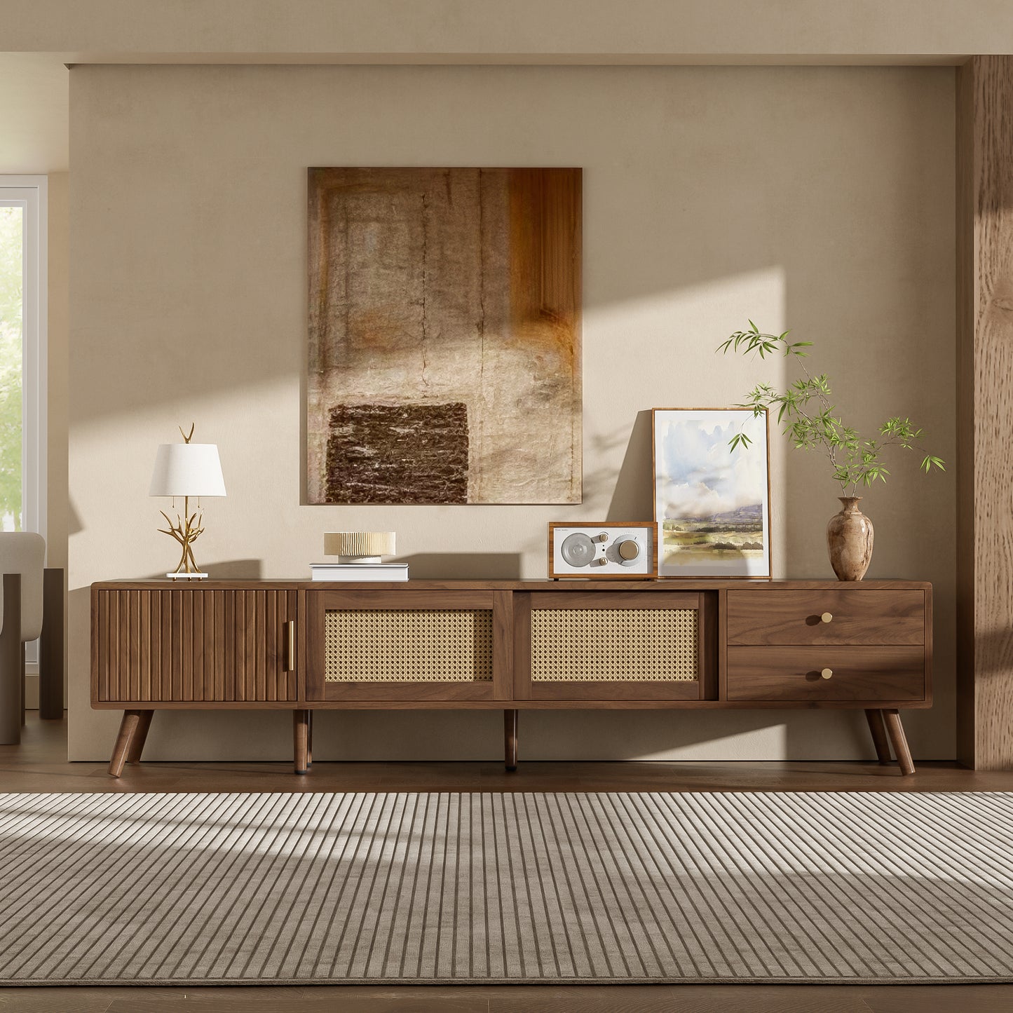 76" Modern Rattan TV Stand for TVs up to 85 Inches - Natural