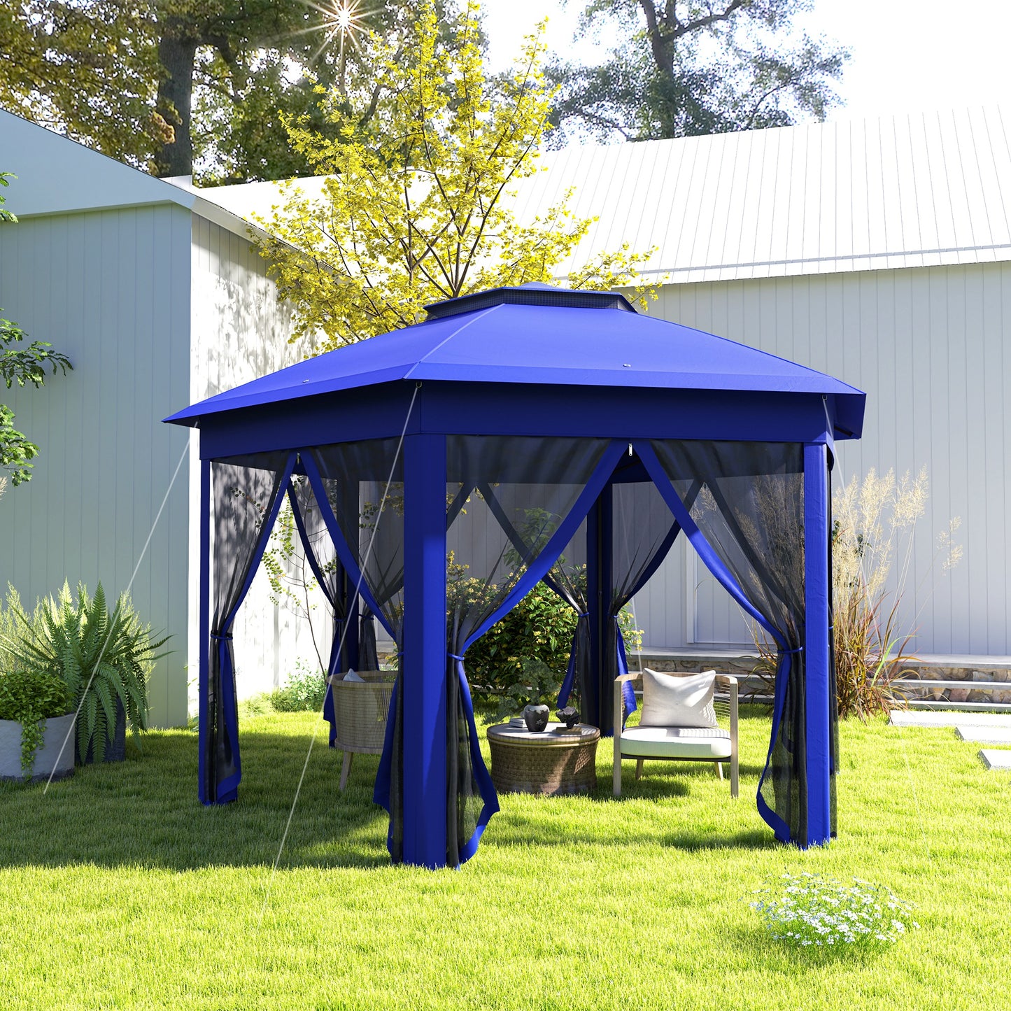 13' Hexagonal Pop Up Gazebo Canopy with Mesh Sidewalls - Blue