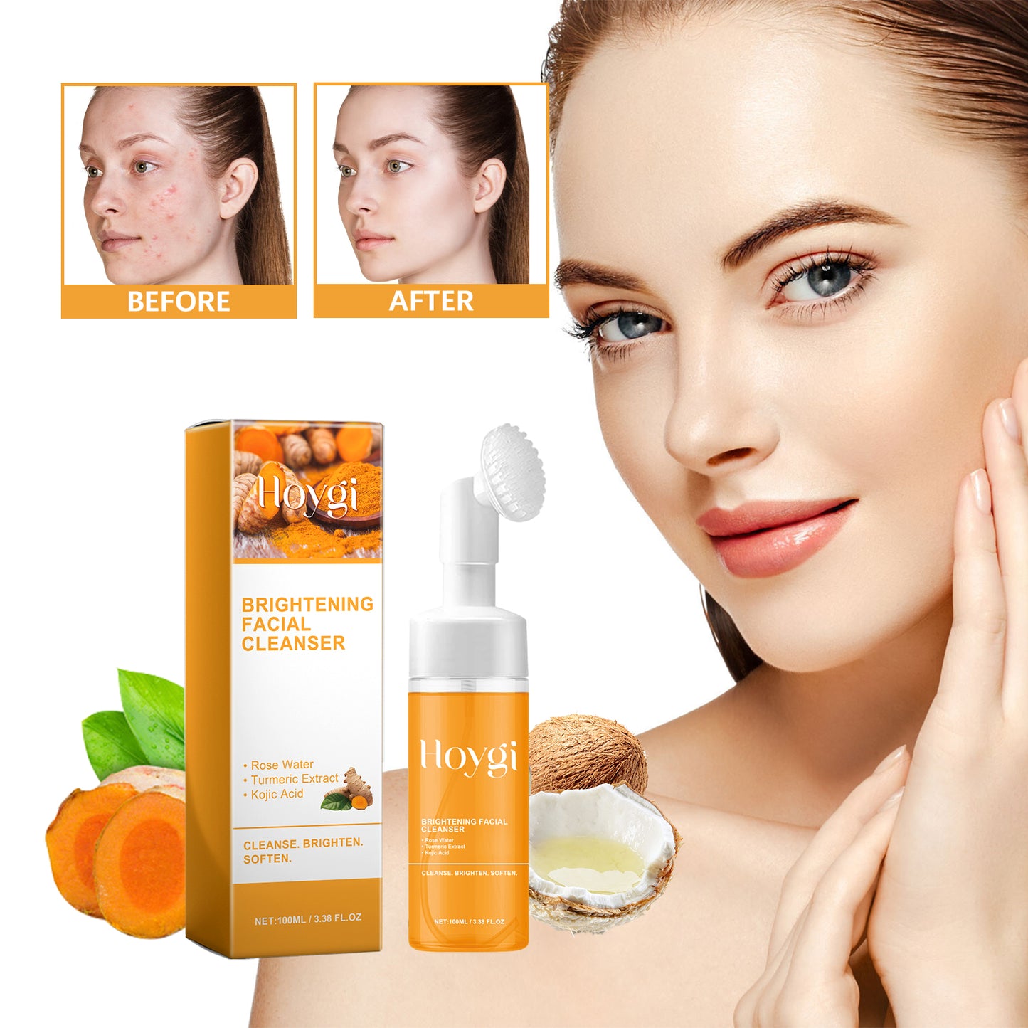 Turmeric Brightening Facial Cleanser Foam with Built-in Silicone Brush