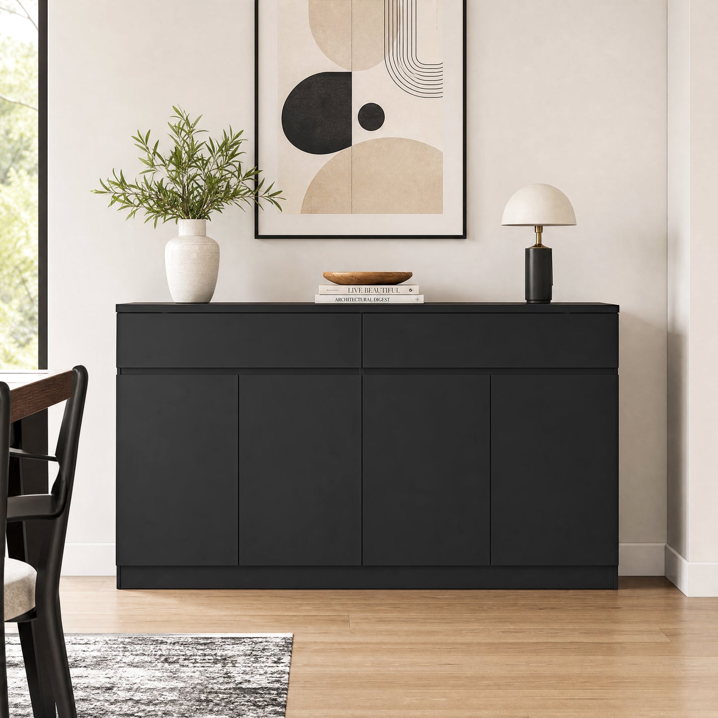 Large Black Sideboard Buffet Cabinet with Storage & 2 Drawers