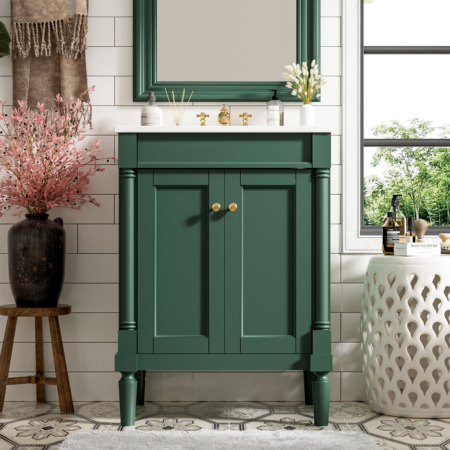 24-Inch Green Bathroom Vanity with Ceramic Sink & Storage