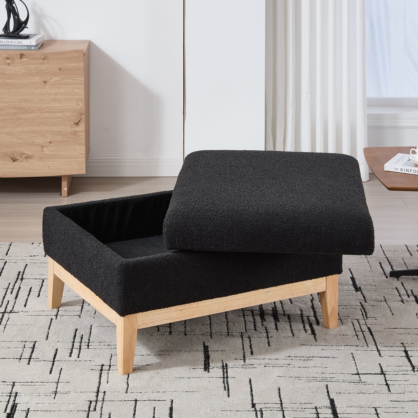 Storage Ottoman with Reversible Lid - Black Boucle Footstool