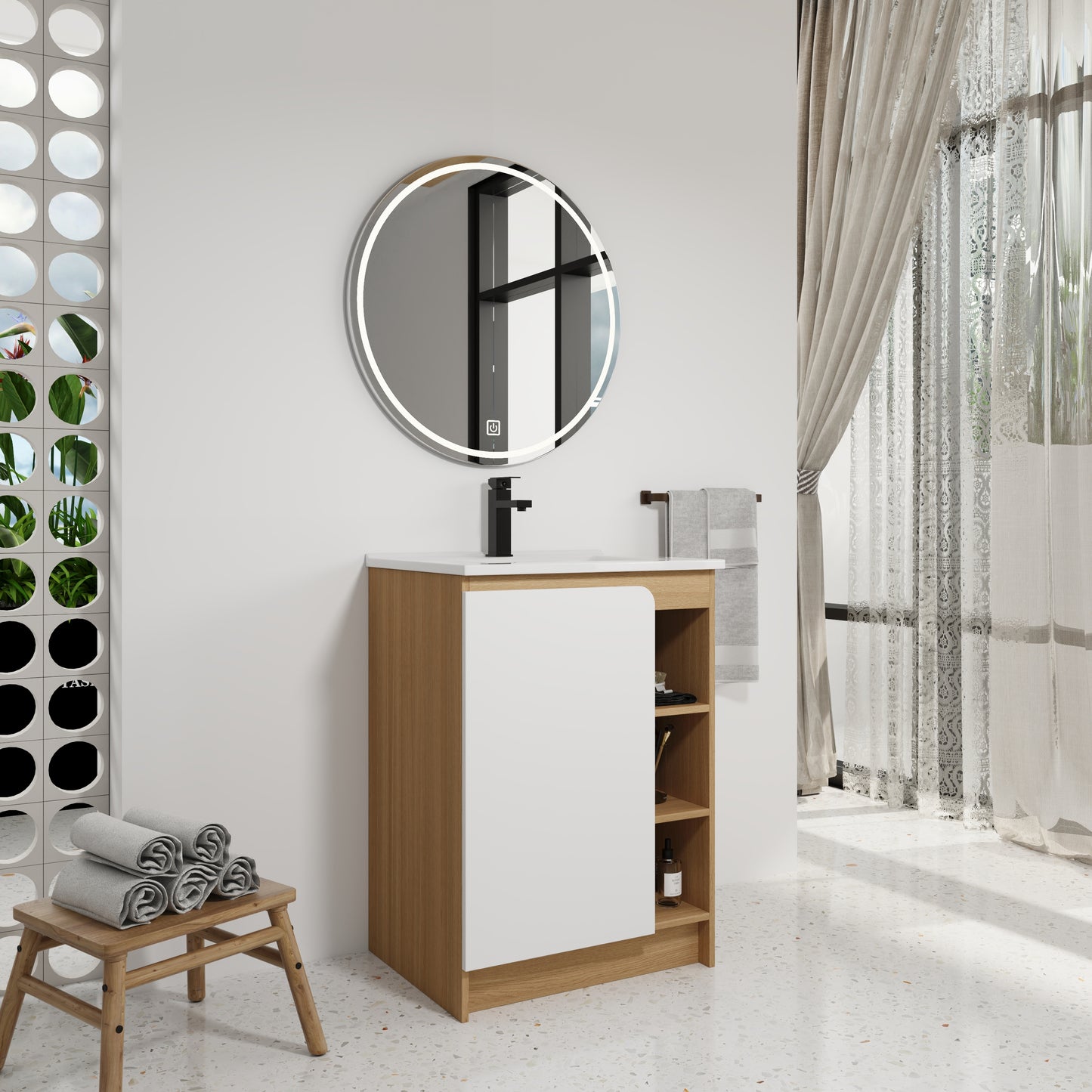 24" Light Oak Bathroom Vanity with Ceramic Sink & Open Shelves