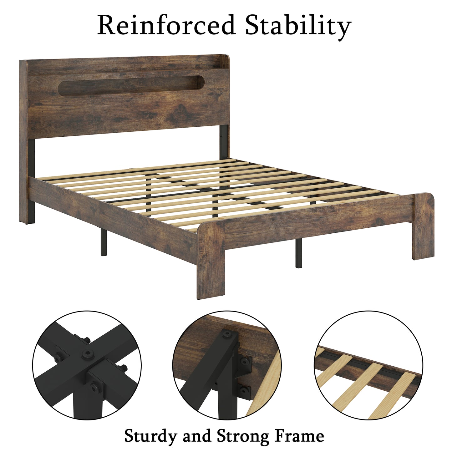 Full Wood Bed Frame with LED Headboard & USB Charging, Dark Brown
