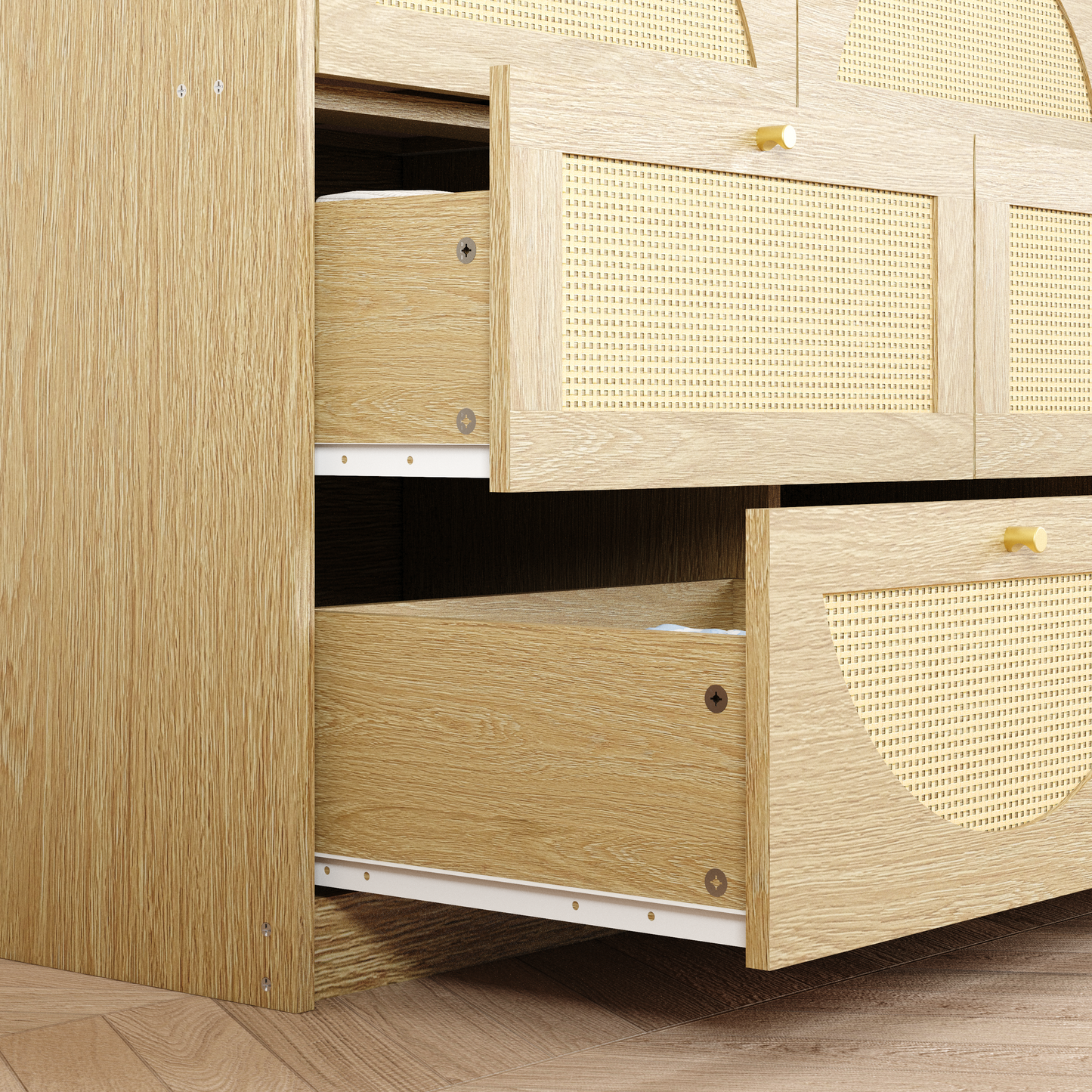 9-Drawer Rattan Dresser - Modern Walnut Storage Cabinet