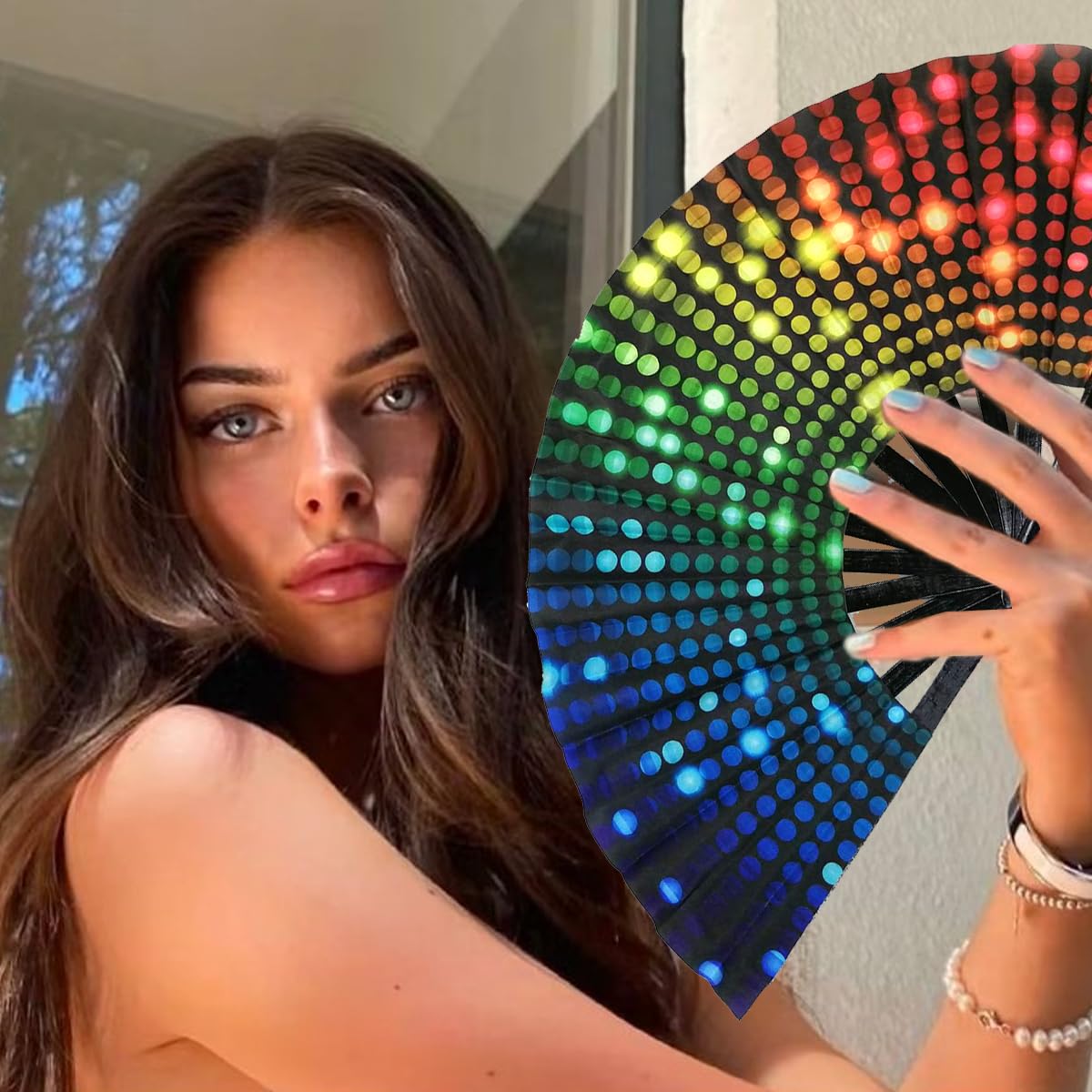 Large UV Glow Folding Fan - Bamboo Hand Fan with Polka Dots