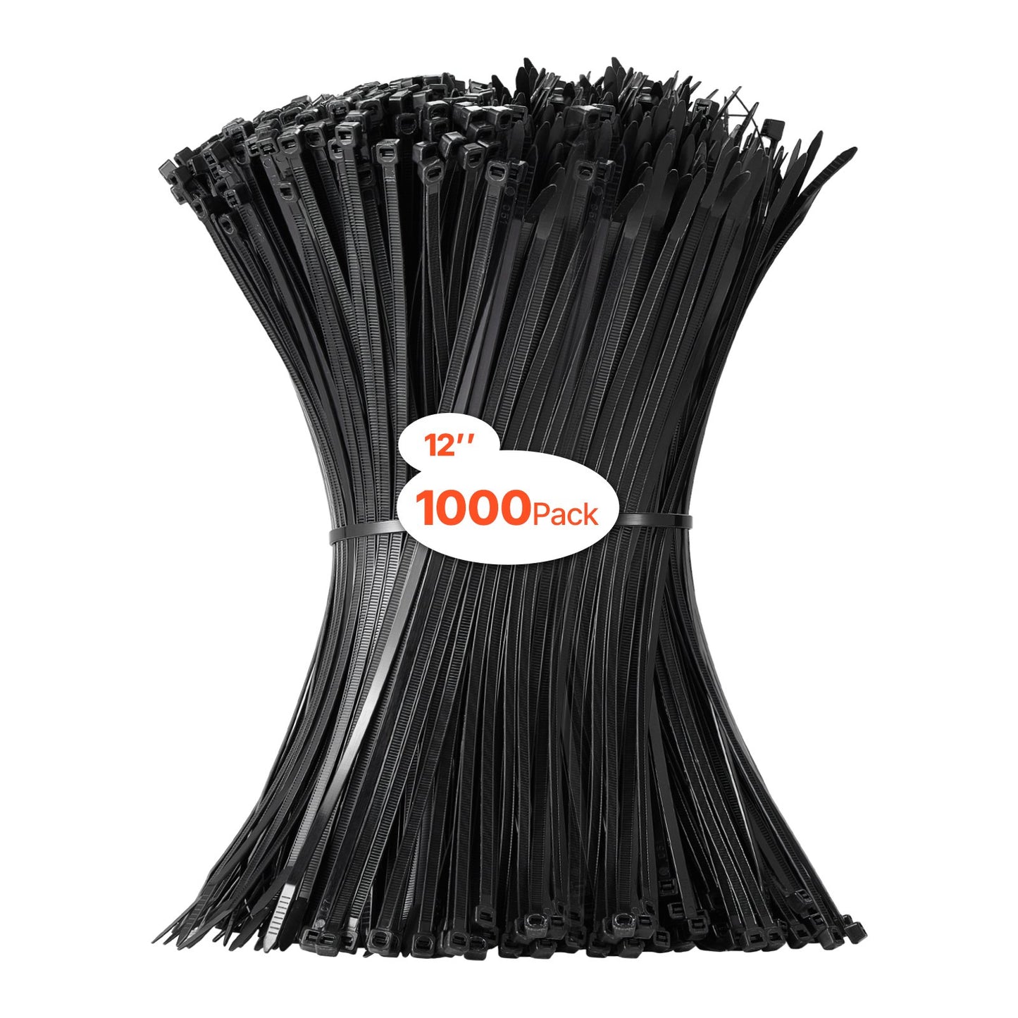 1000 Pack 12-Inch Nylon Cable Zip Ties - Heavy Duty, Black, 50LBS Tensile Strength