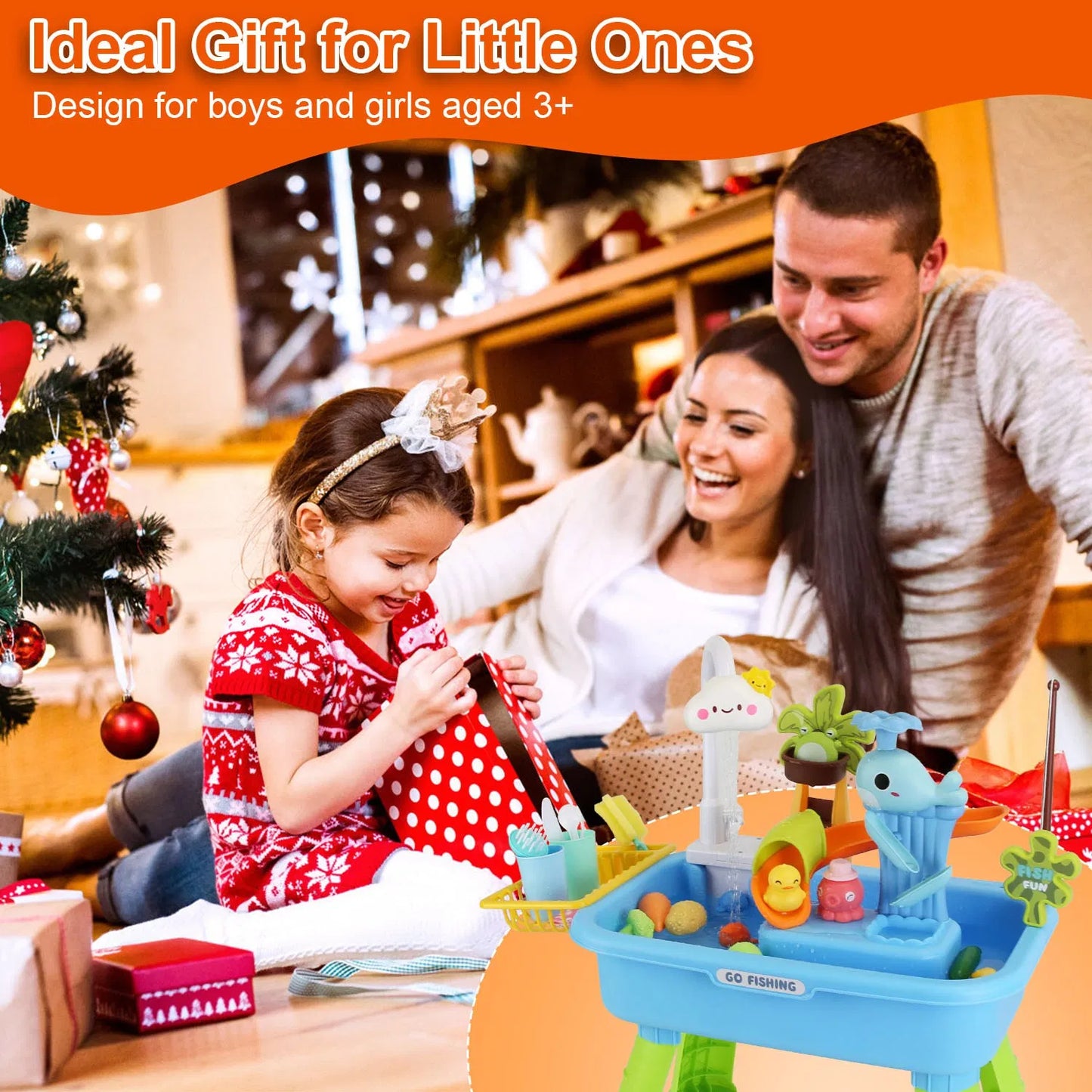 3-in-1 Kids Water Table with Electric Faucet & Fishing Game