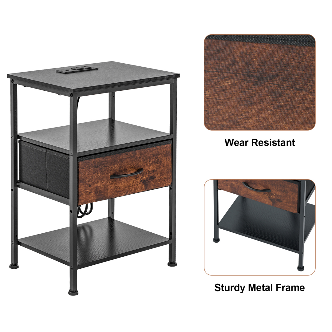 Bedside Table with USB-C Port and Adjustable Drawers - Black Brown
