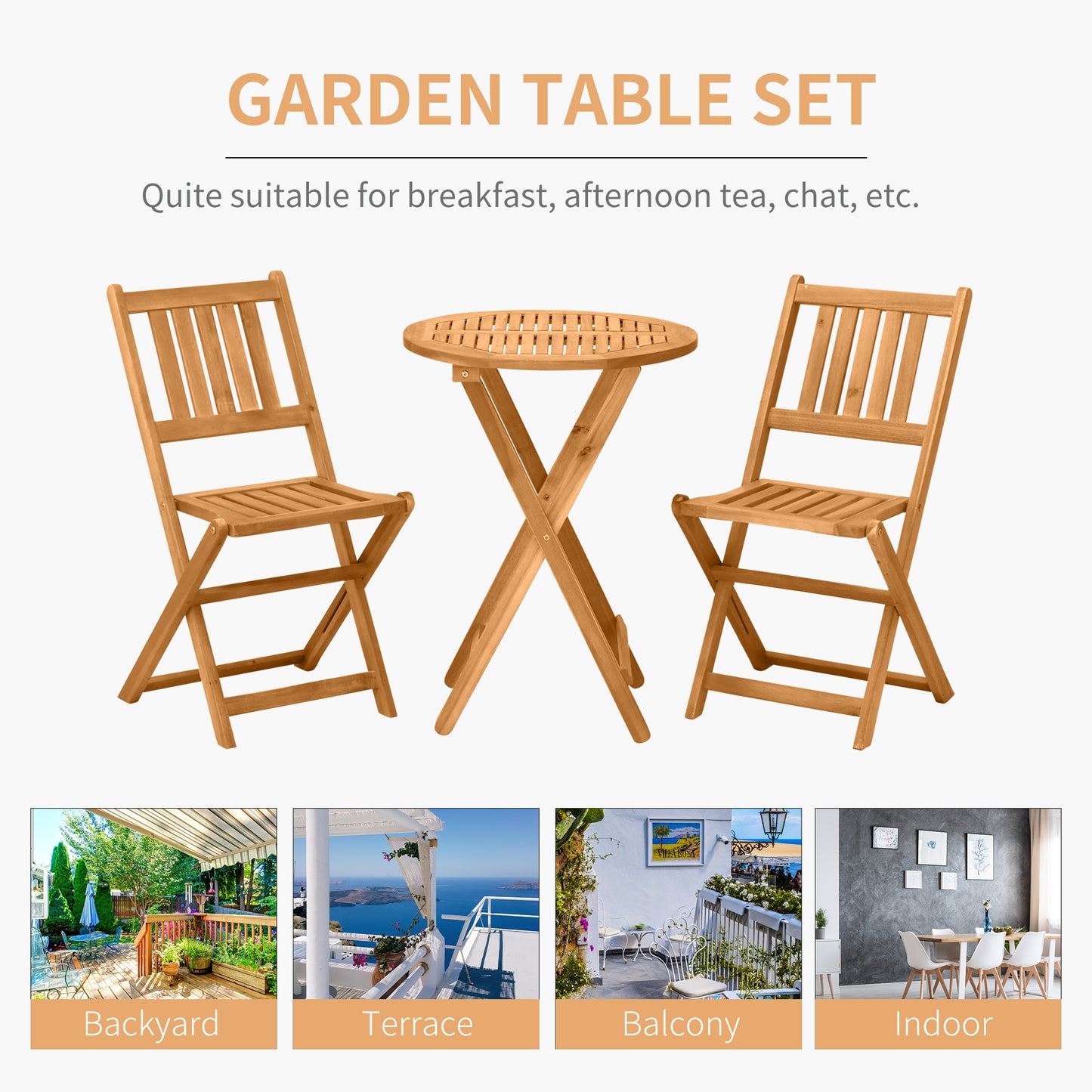 3-Piece Folding Acacia Wood Bistro Set with Chairs & Table