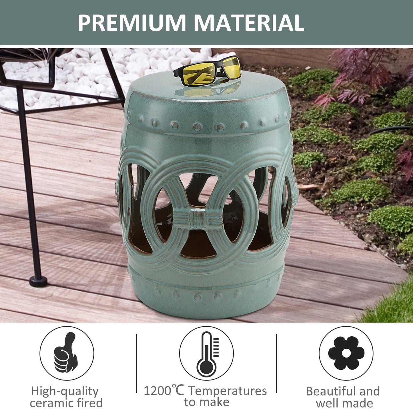 Ceramic Garden Stool - Double-Coin Knotted Design, Antique Blue