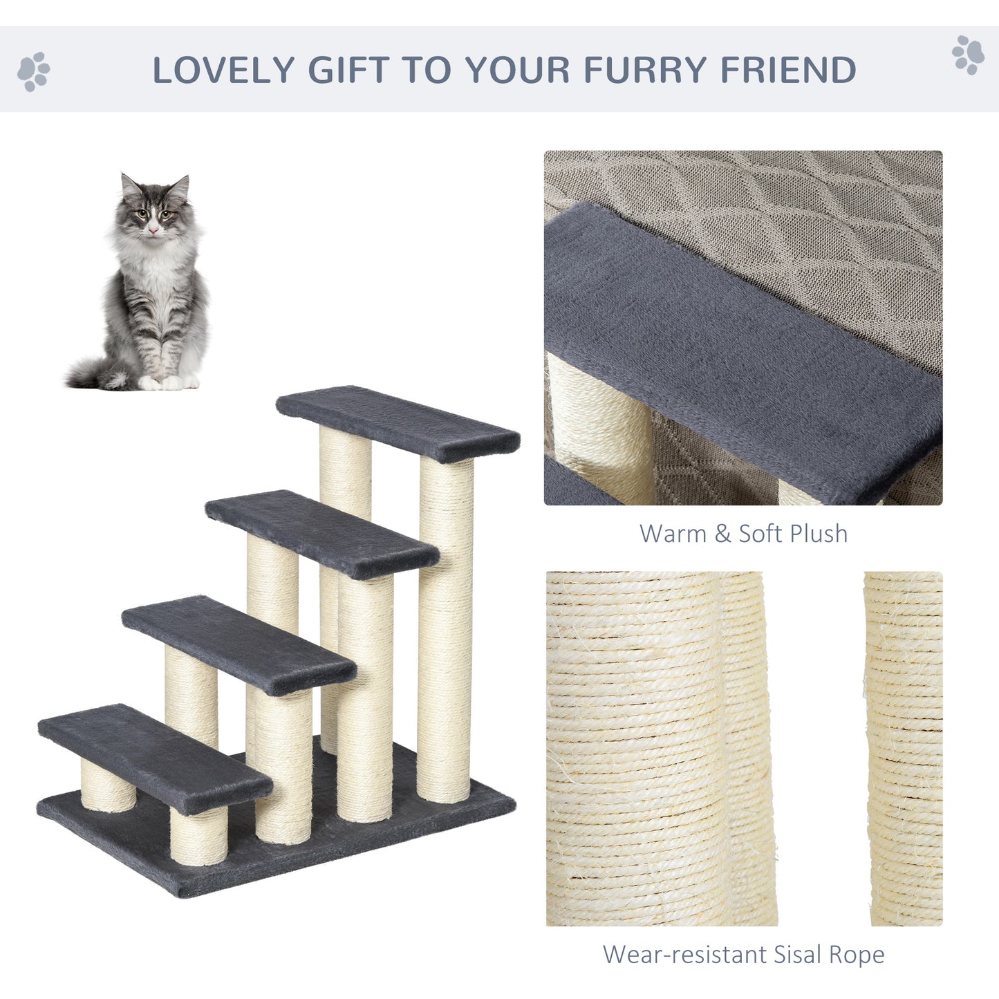 Cat Tree with 4 Steps and Sisal Scratching Post for High Beds - Gray