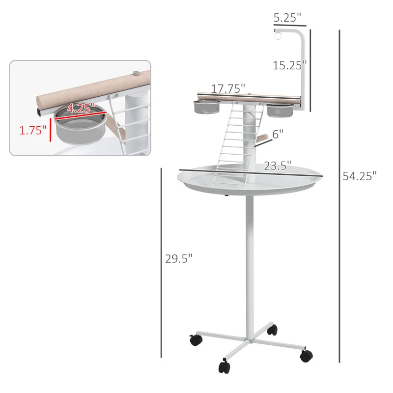 Bird Stand with Wheels and Feed Bowls for Parrots - Indoor Outdoor Perch