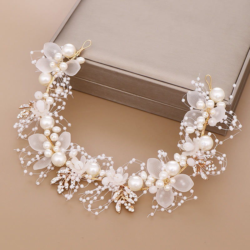 Children's Pearl Flower Headdress with Gold Leaf for Kids