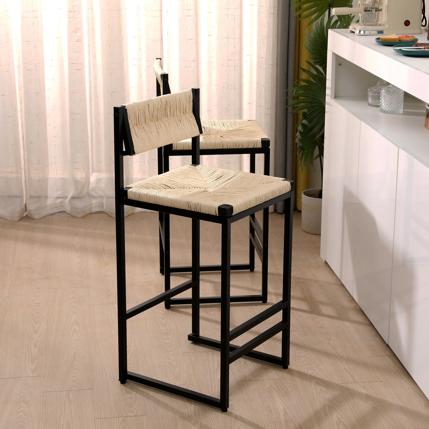 Creamy White Paper Rope Woven Bar Stools Set of 2