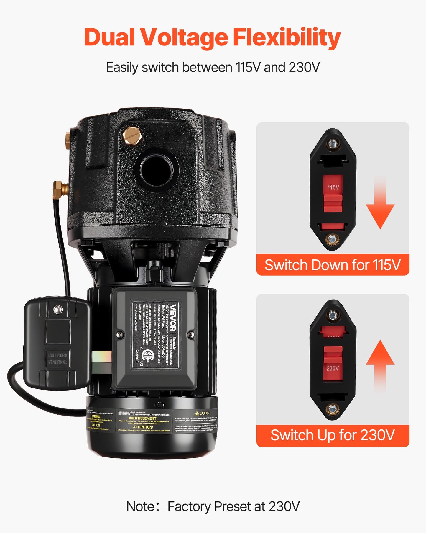 Shallow Well Jet Pump 1400 GPH Dual Voltage 164 Ft Max Head Garden Irrigation