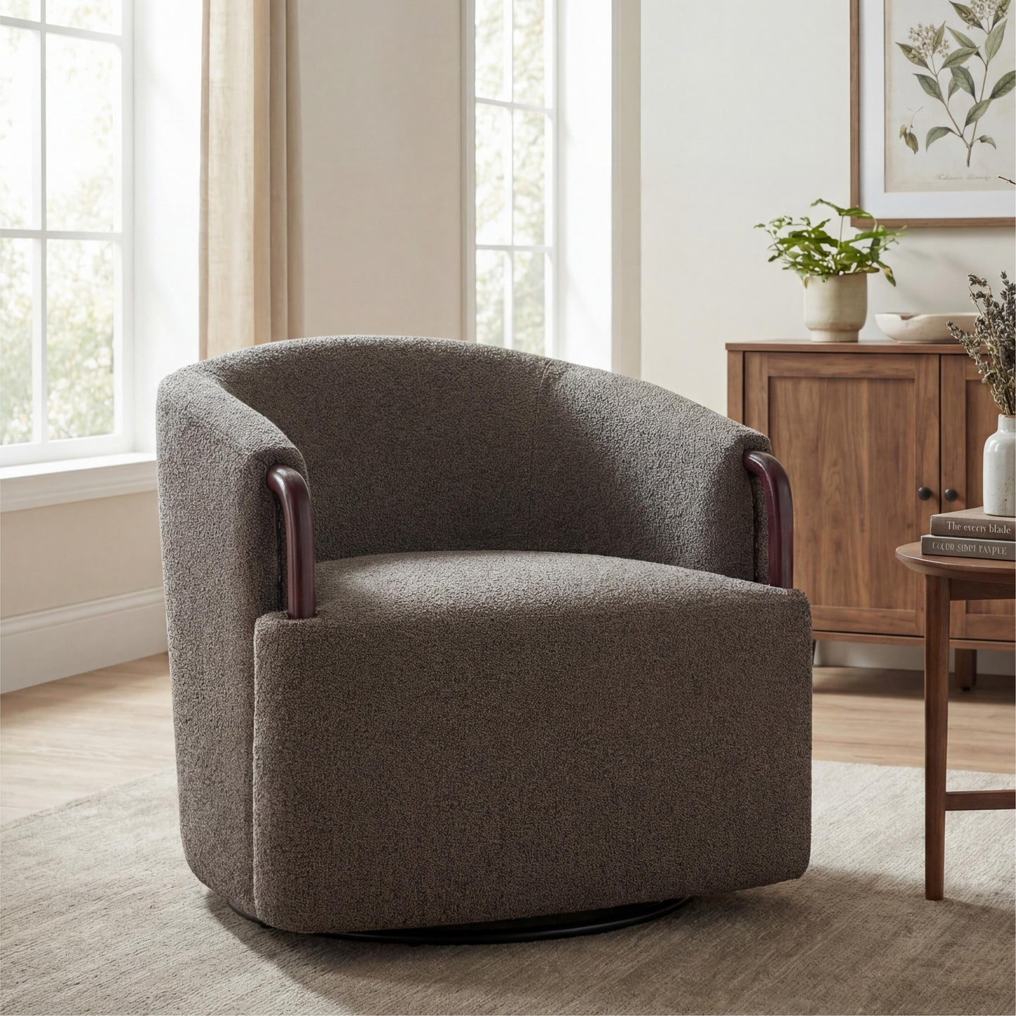 30 Modern Boucle Swivel Barrel Chair With Solid Wood Accents, Soft