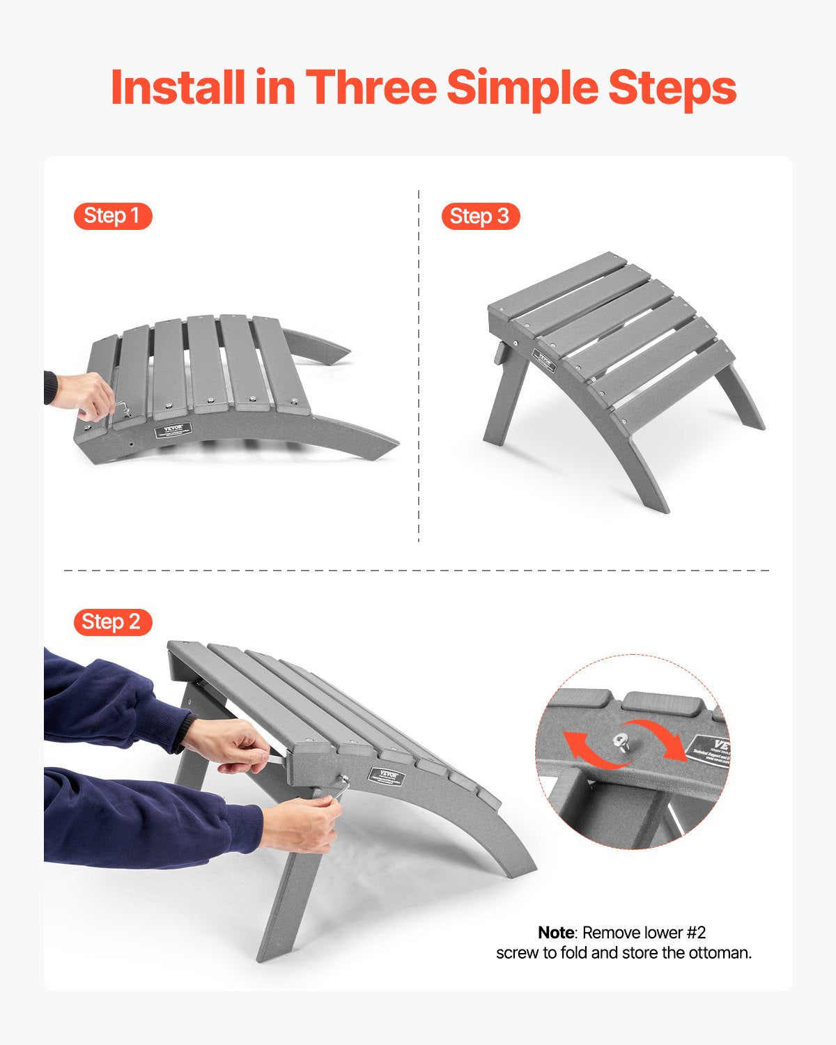 Folding Adirondack Ottoman Footrest for Outdoor Patio Gray 21.5L x 18.9W x 14.8H