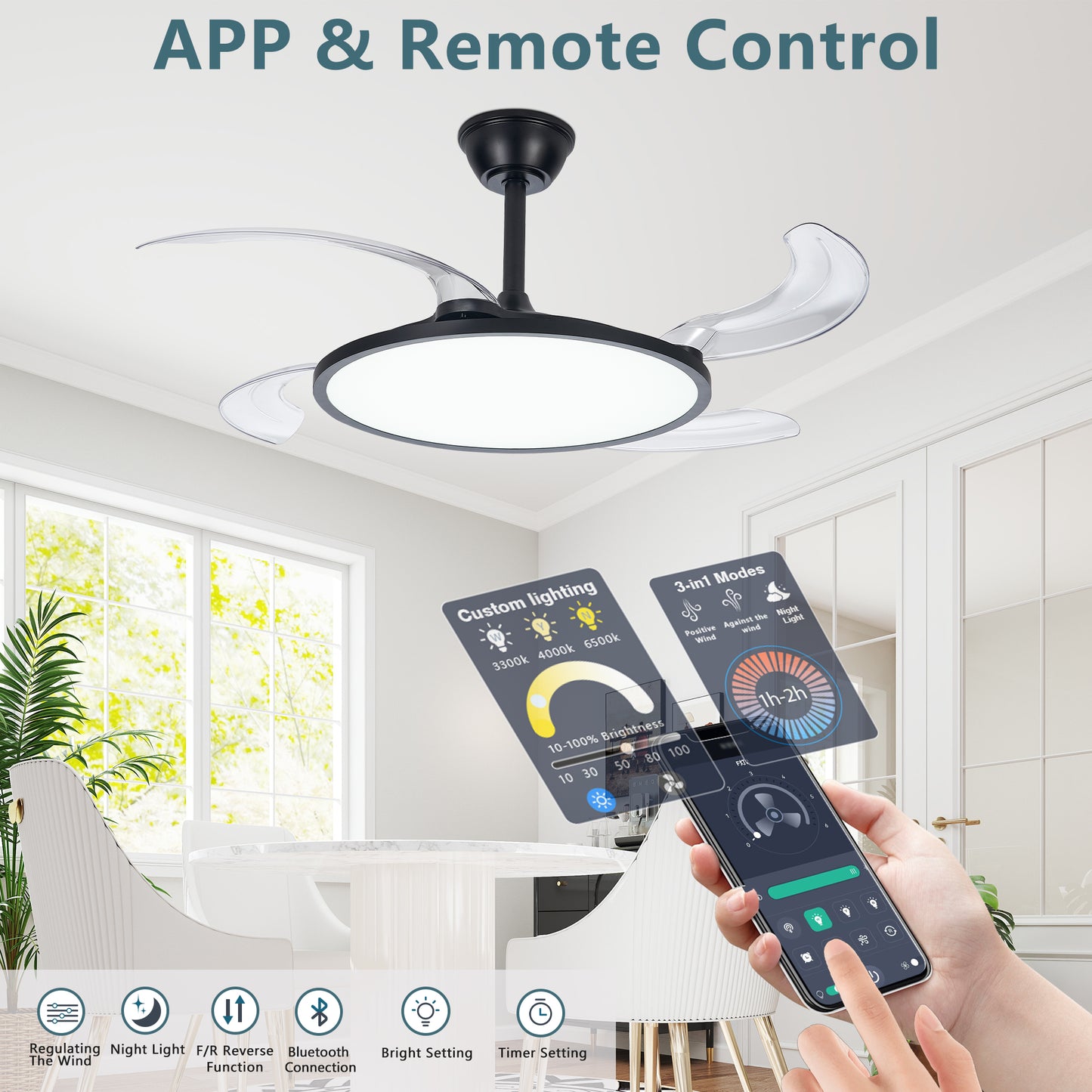 42-Inch Retractable Ceiling Fan with Light & Remote - Black