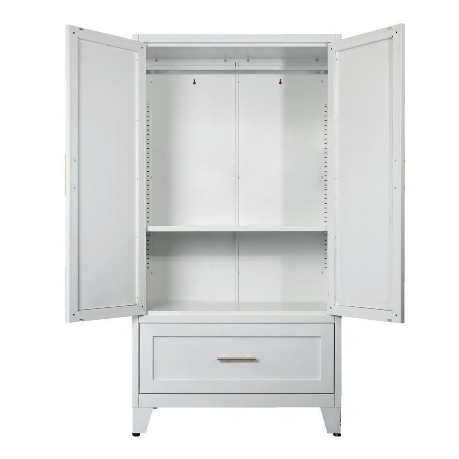 60-Inch Tall Metal Wardrobe Cabinet with Drawer & Shelf - White