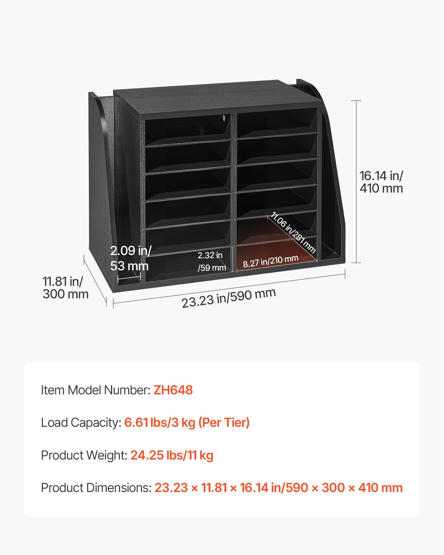 Wooden Literature Organizer with 12 Compartments and Side Storage - Office Desk Mailbox, Black