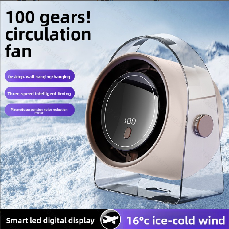Mini USB Rechargeable Circulating Fan with Digital Display - Multi-Speed, Wall & Desktop Use