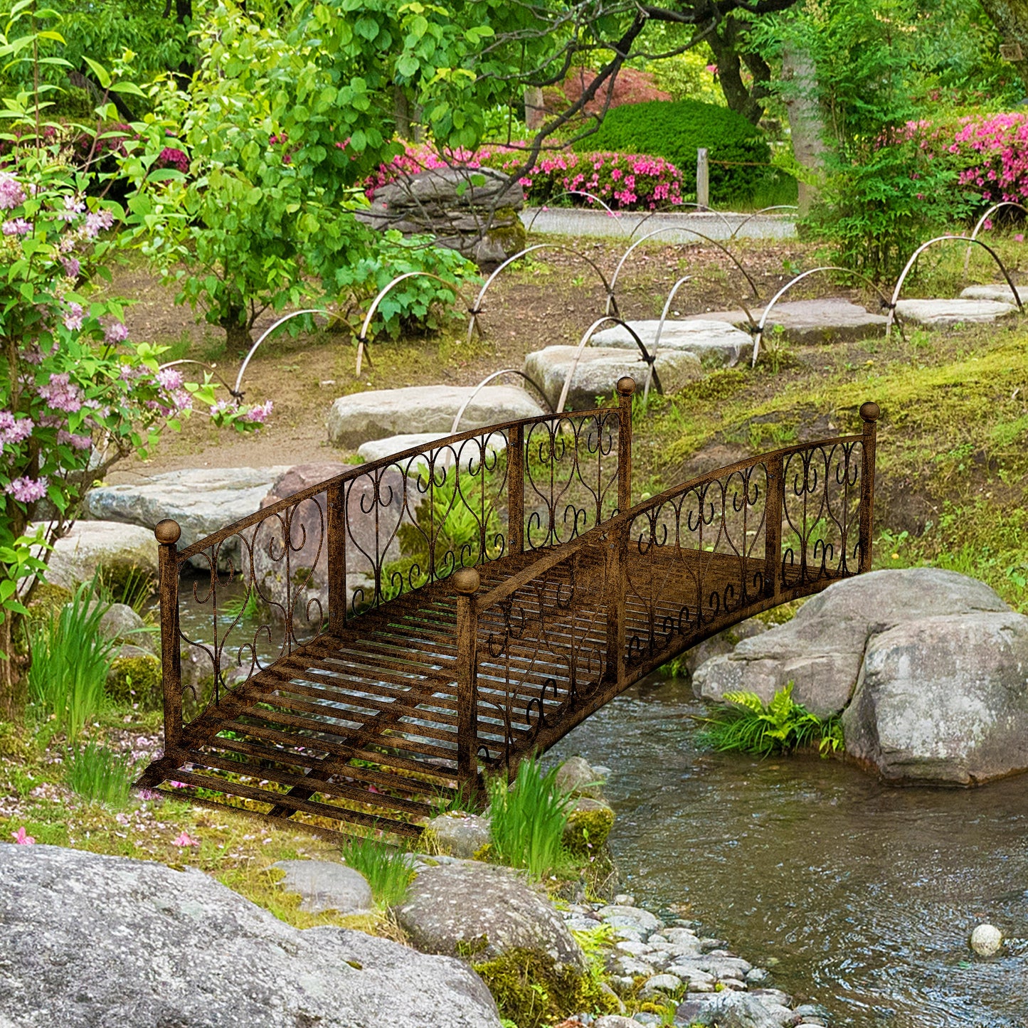 Bronze Metal Garden Arch Bridge with Side Railings, Decorative Scrollwork, 840x740x245 mm