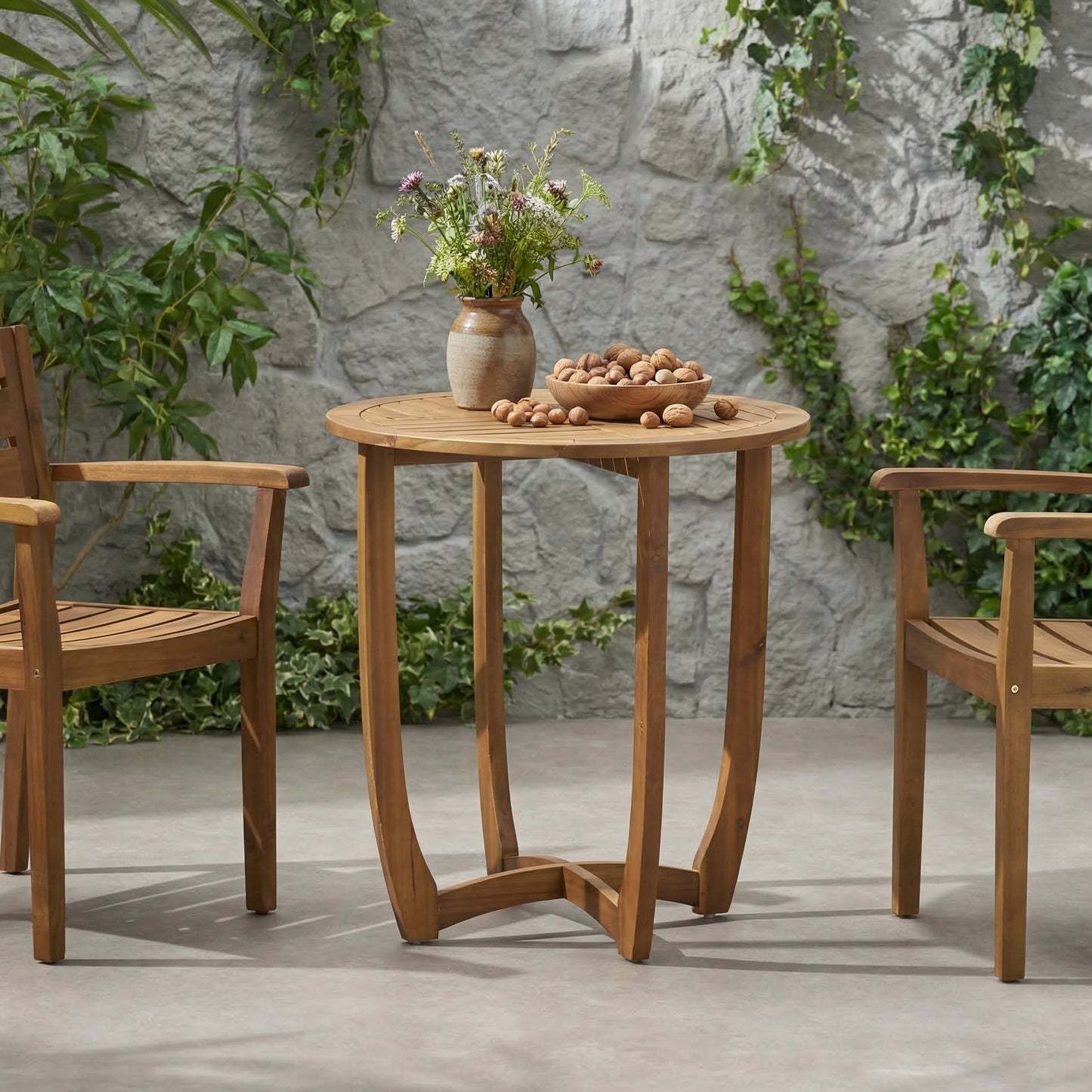 Outdoor Round Acacia Wood Accent Table - Teak Finish