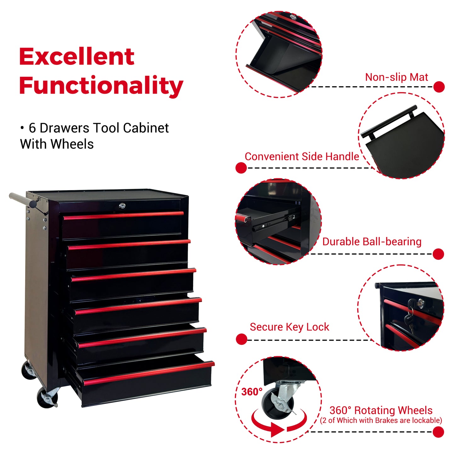 20-Inch Metal Rolling Tool Chest with 6 Drawers - Black Steel Storage Cabinet