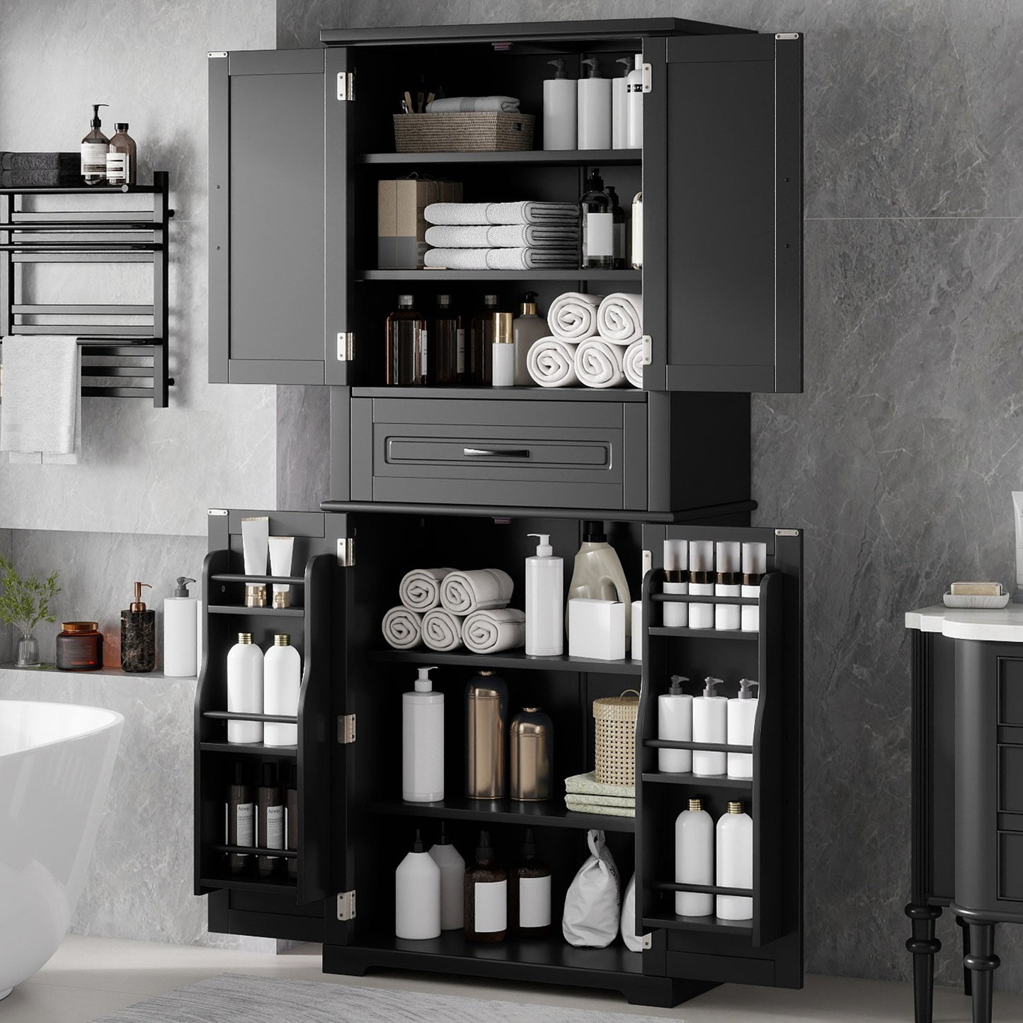 Bathroom Storage Cabinet with Adjustable Shelves & Drawer - Black