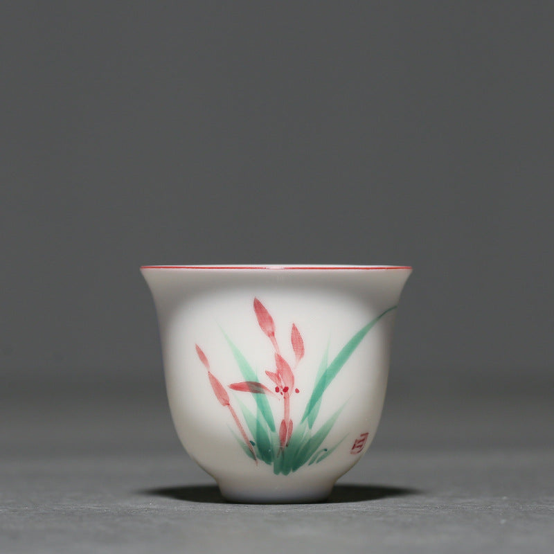 Hand Painted Ceramic Orchid Tea Cup - Chinese Style White Porcelain Drinkware