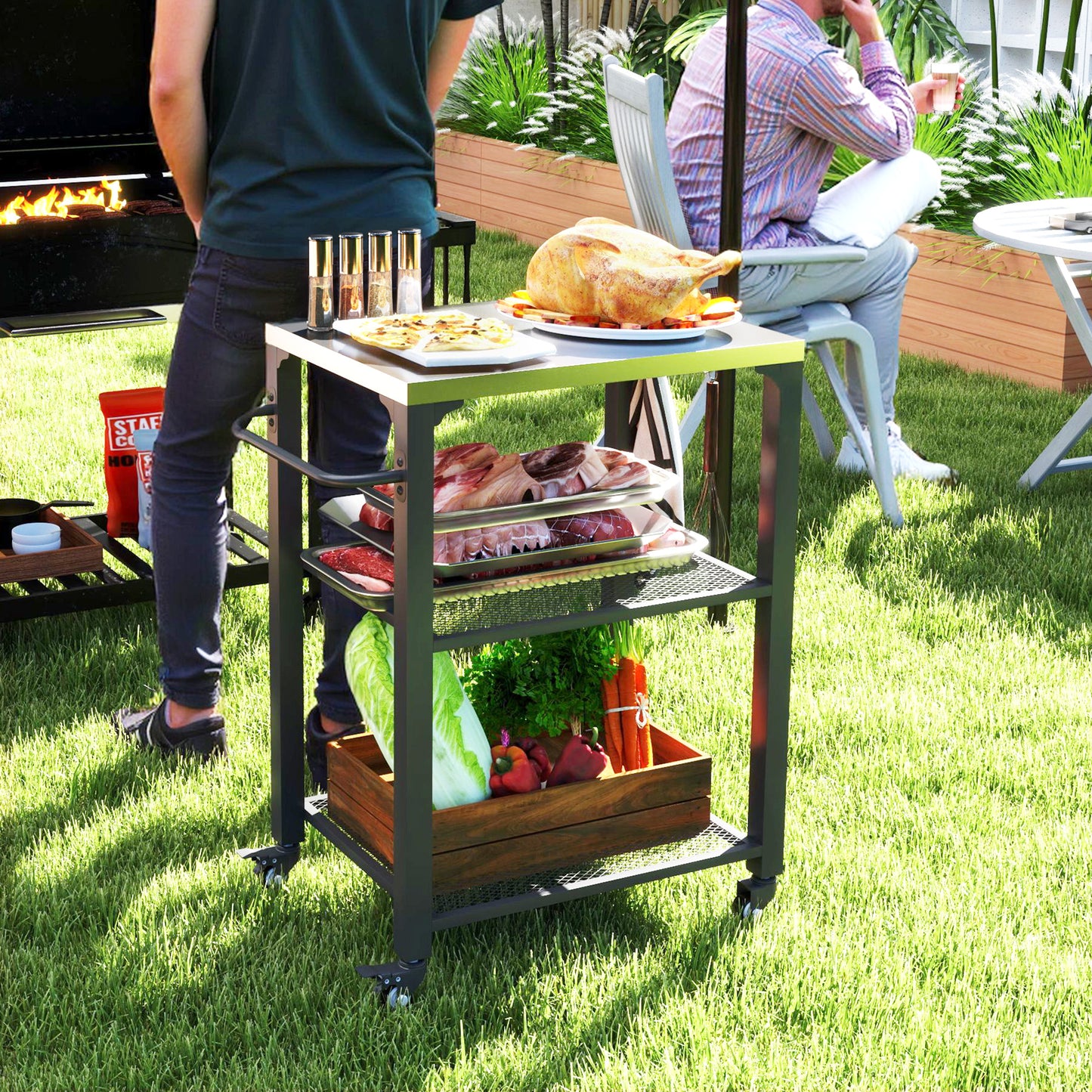Stainless Steel Outdoor Grill Cart with 3 Shelves & Wheels