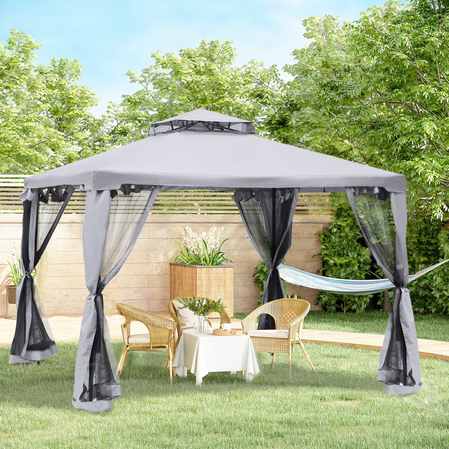 9.6' x 9.6' Outdoor Gazebo Canopy with 2-Tier Roof & Netting