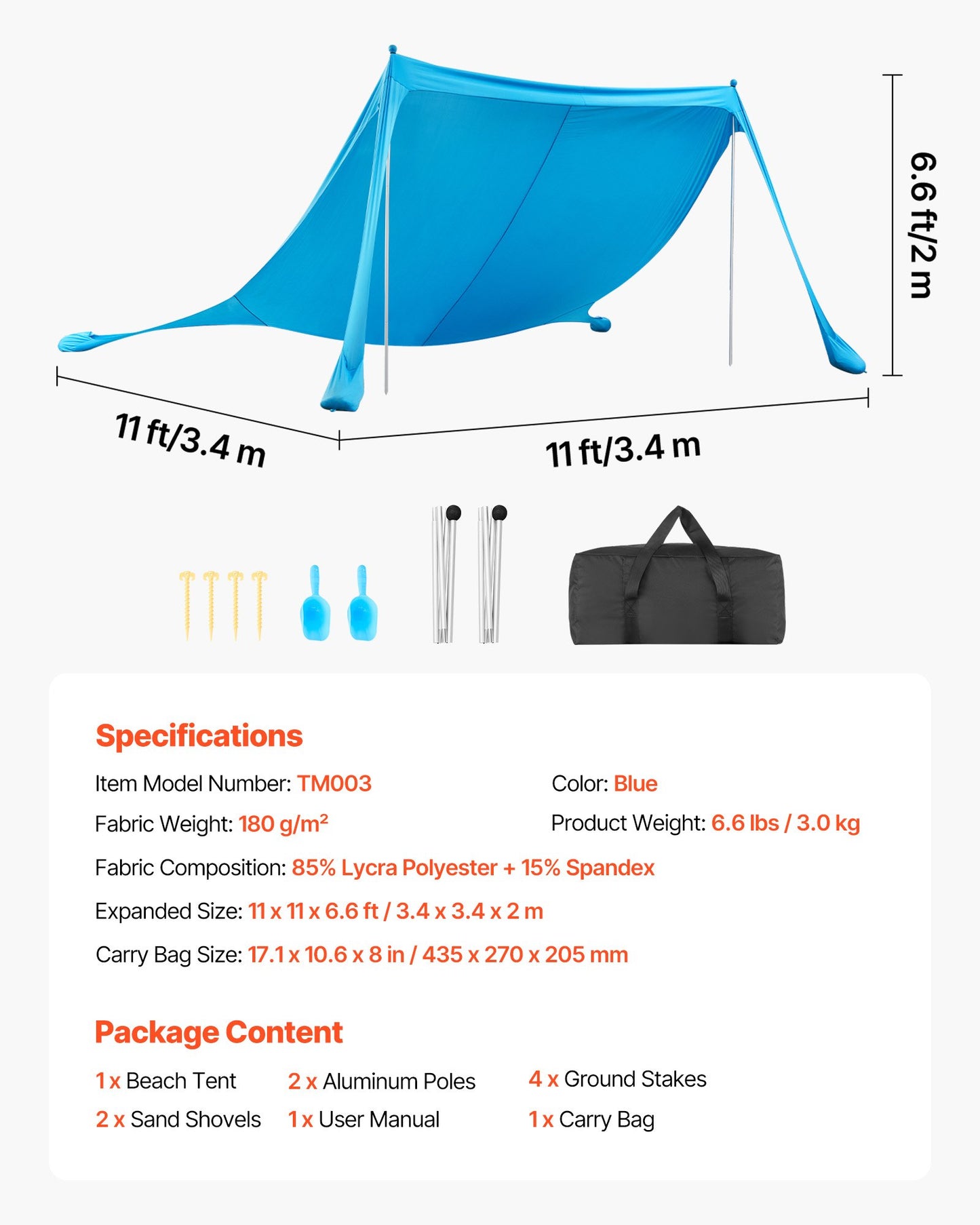 Beach Tent Sun Shelter with UPF50+ Protection, 11x11 ft Pop-Up Canopy, Sandbags & Poles