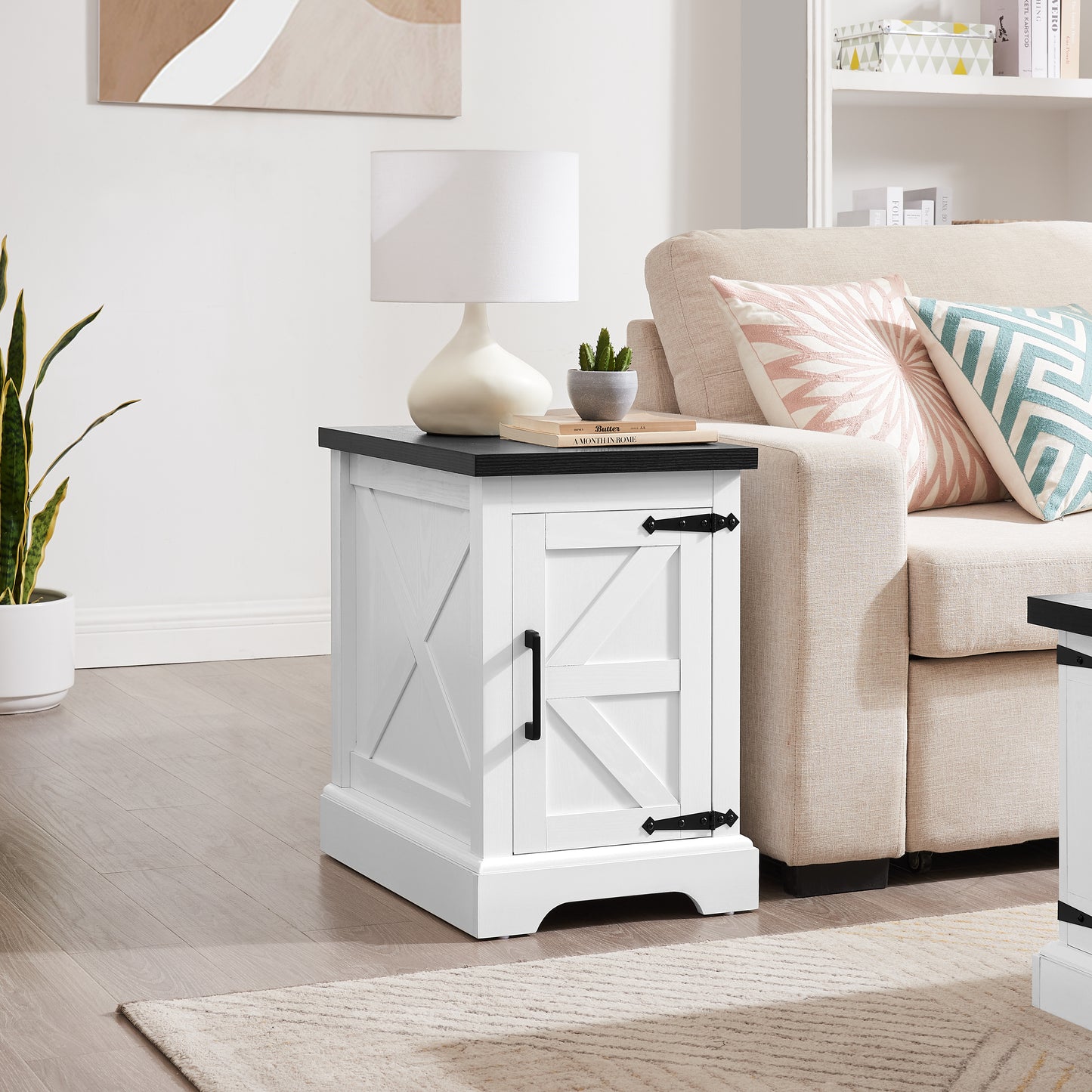 Farmhouse End Table with Barn Door & Adjustable Shelf - White