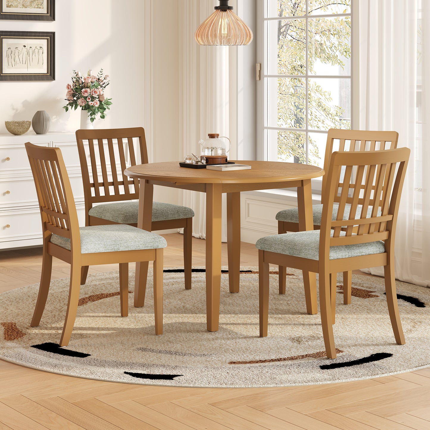 5-Piece Round Dining Table Set For 4 People, 1 Folding Wood