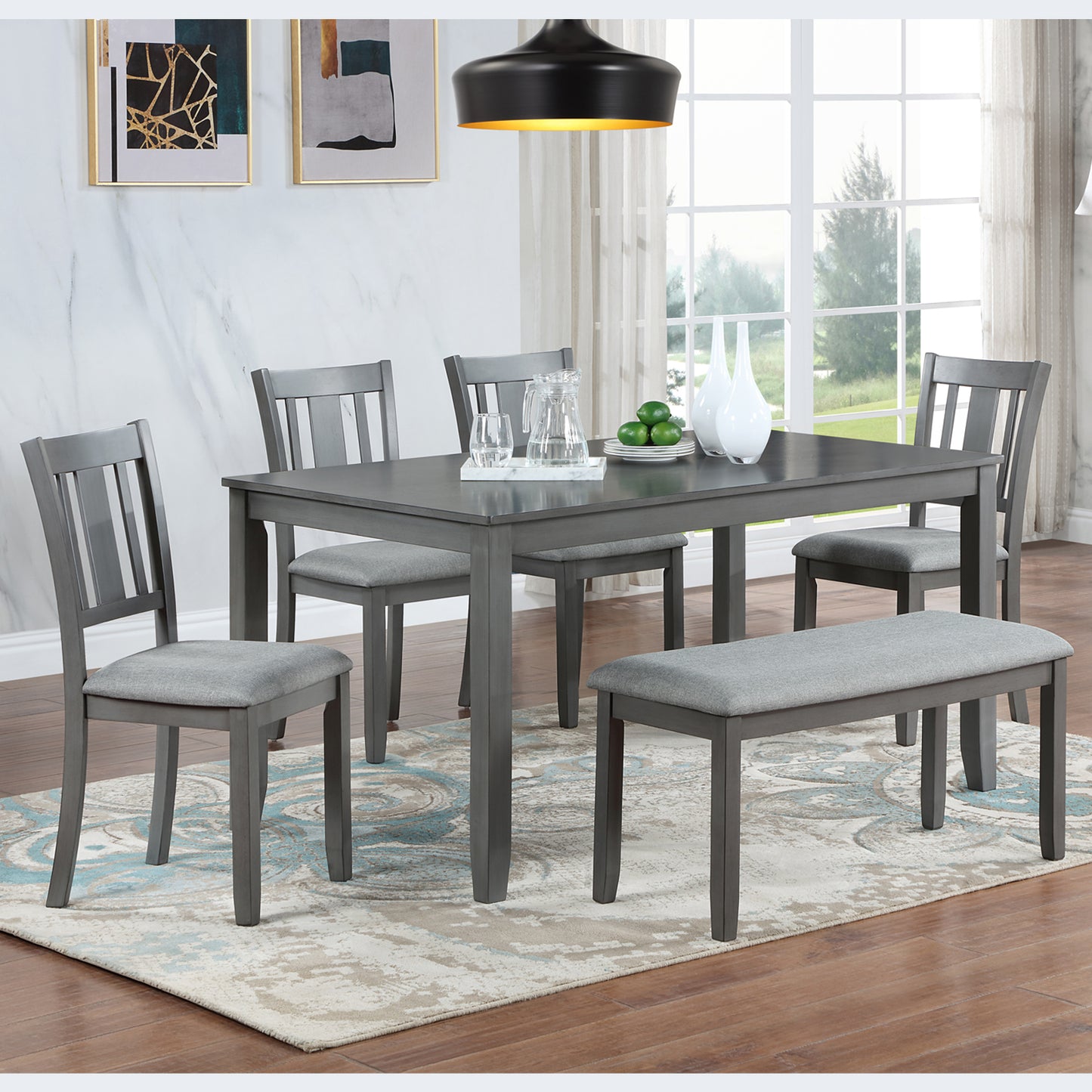 6-Piece Rectangular Wooden Dining Set with Upholstered Chairs & Bench - Gray