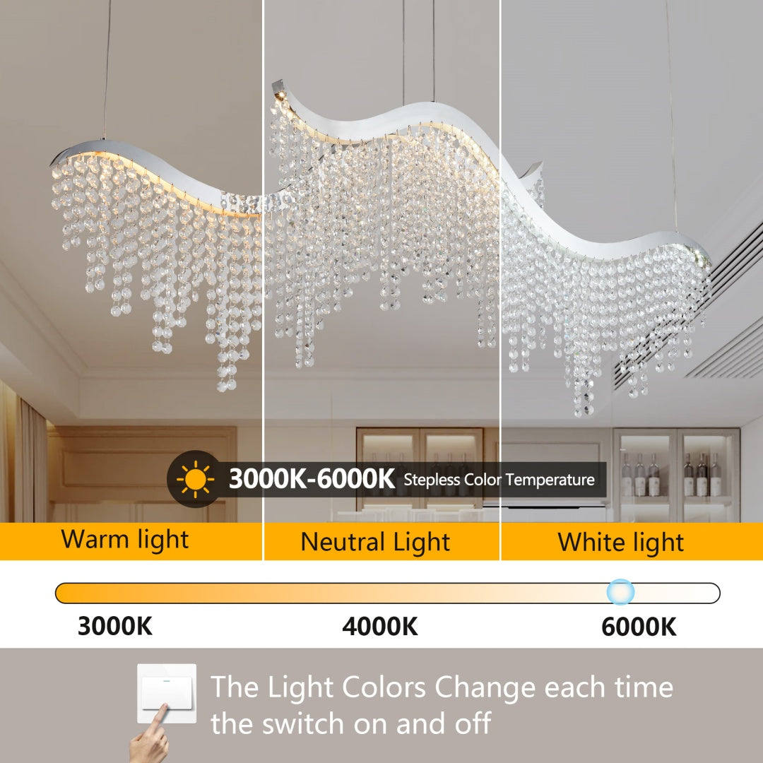 36-Inch Modern Wave LED Crystal Chandelier - Dimmable & Adjustable Height