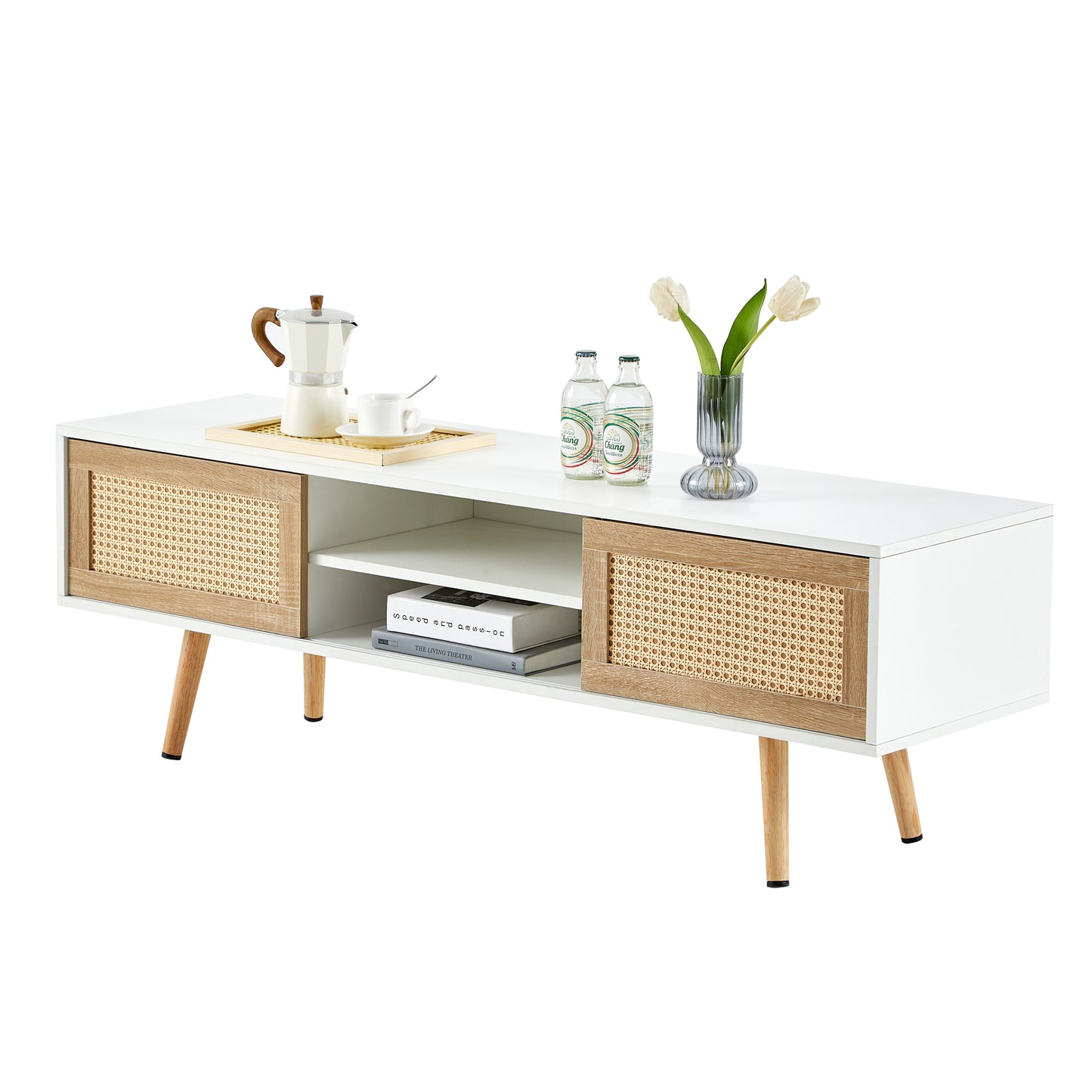 55.12" Rattan TV Cabinet with Sliding Doors & Adjustable Shelf - White